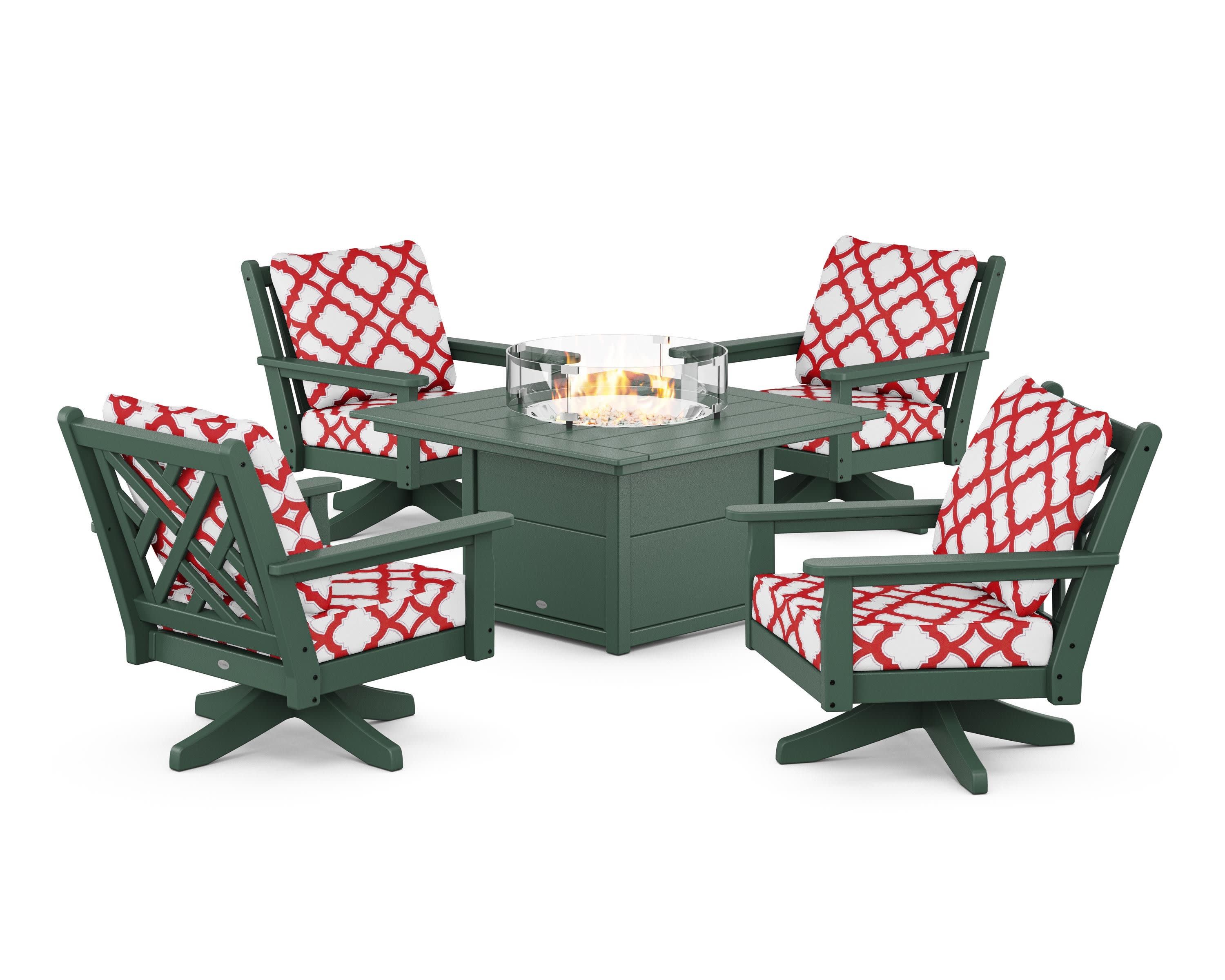Chippendale 5-Piece Deep Seating Swivel Conversation Set with Fire Pit Table in Green / Trellis Crimson