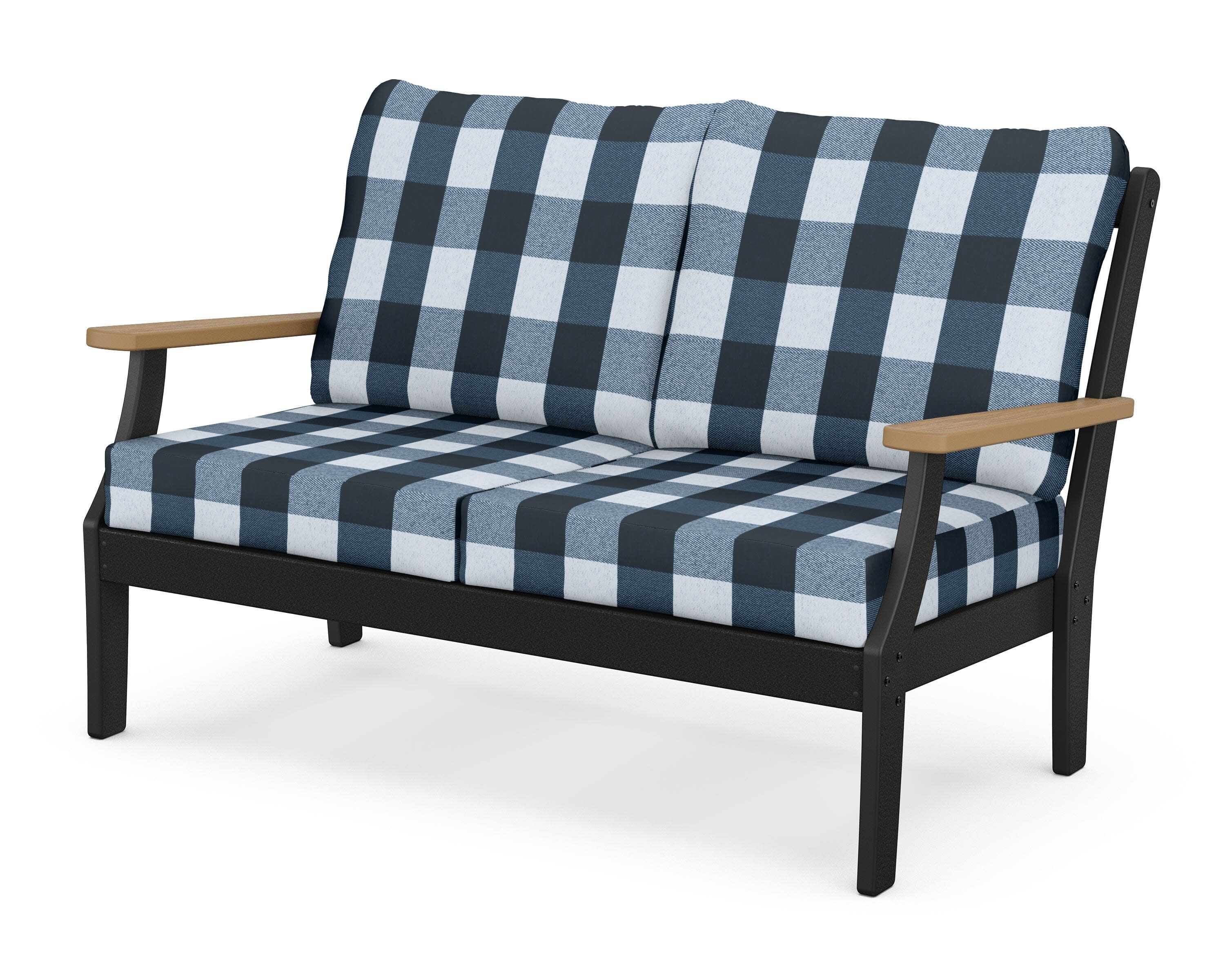 Braxton Deep Seating Loveseat in Black / Natural / Buffalo Plaid Marine Indigo