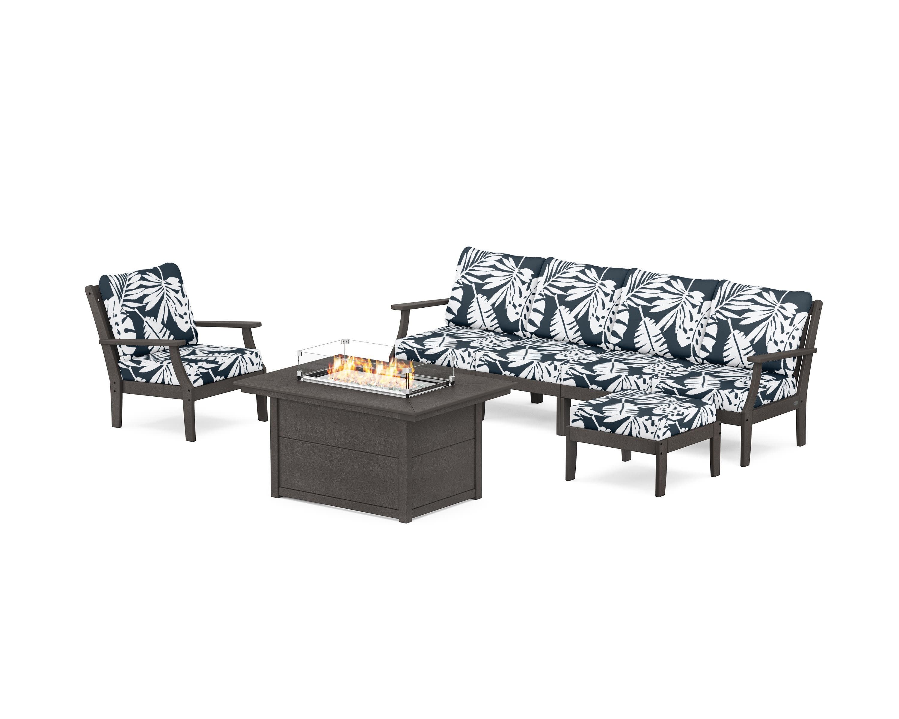 Braxton Sectional Lounge and Fire Pit Set in Vintage Coffee / Leaf Marine Indigo
