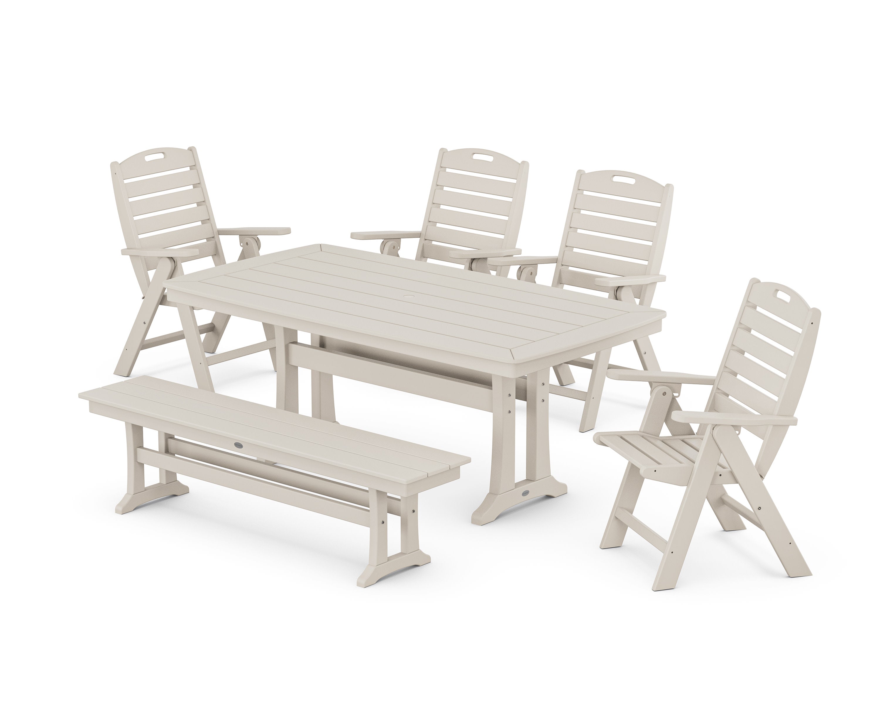 Nautical Highback 6-Piece Dining Set with Trestle Legs and Bench in Sand