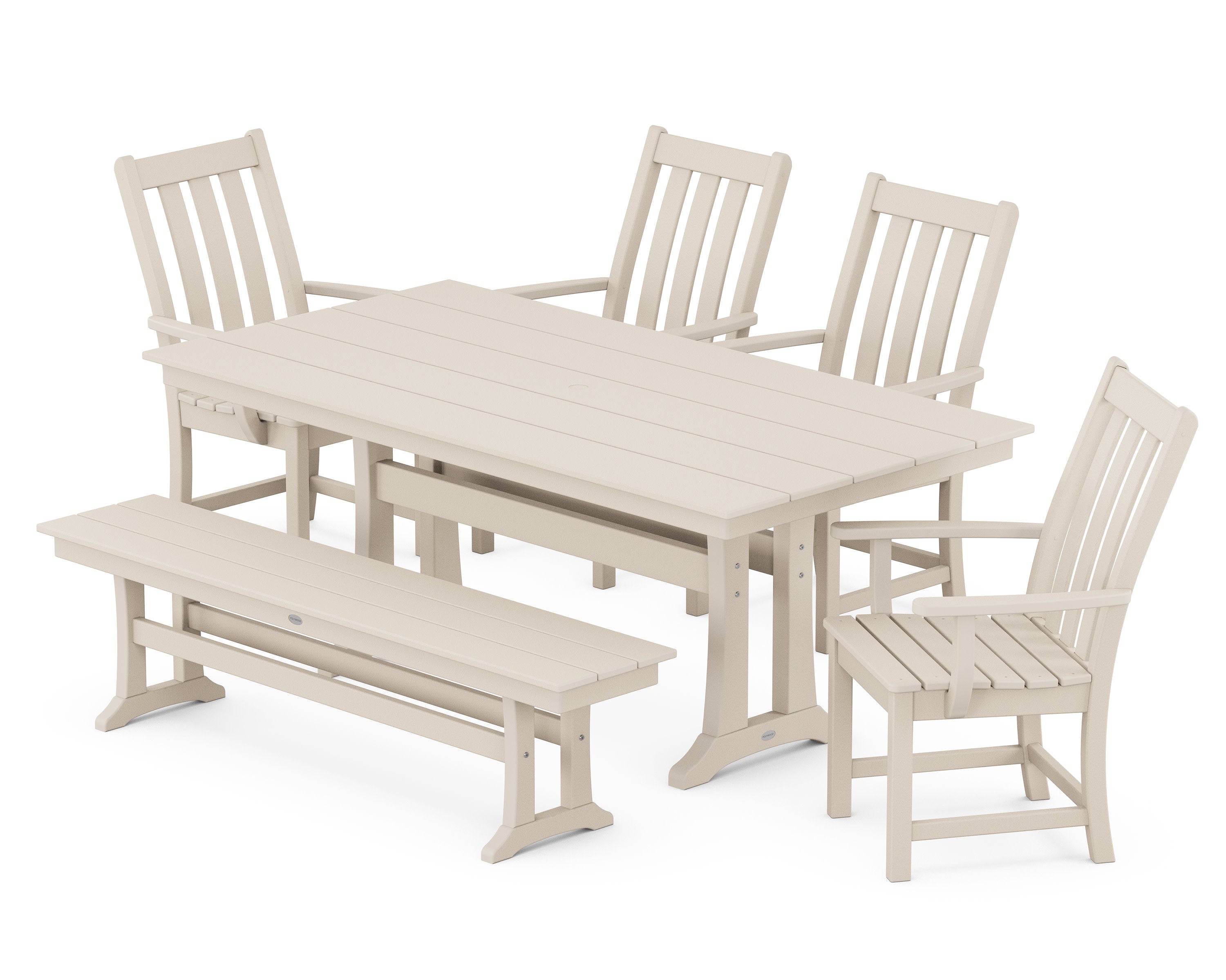 Vineyard 6-Piece Arm Chair Farmhouse Dining Set with Trestle Legs and Bench in Sand