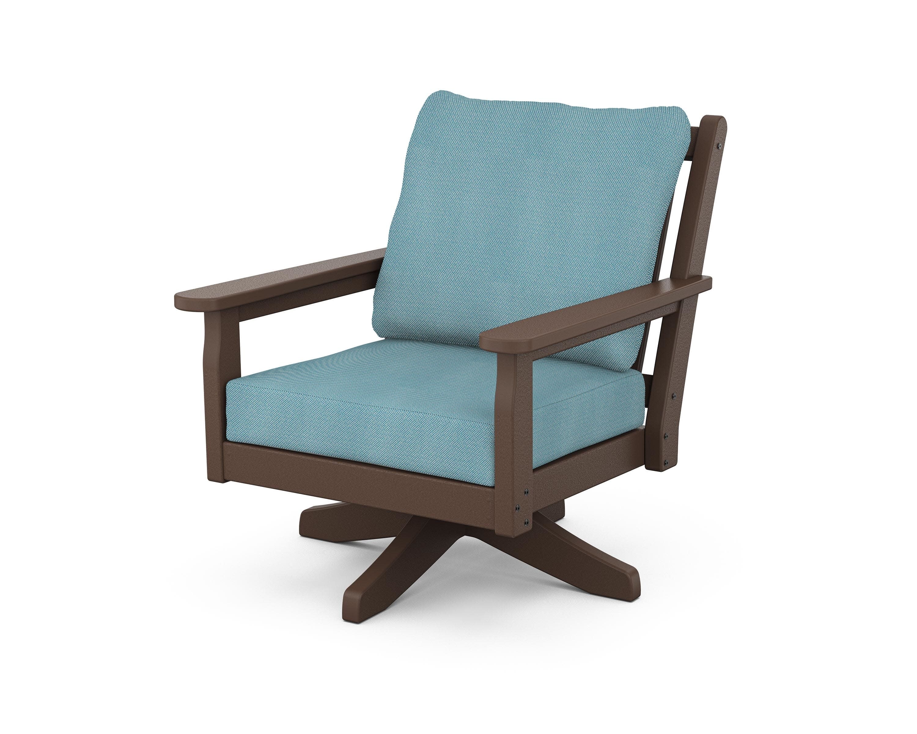 Chippendale Deep Seating Swivel Chair in Mahogany / Lattice Sky Blue