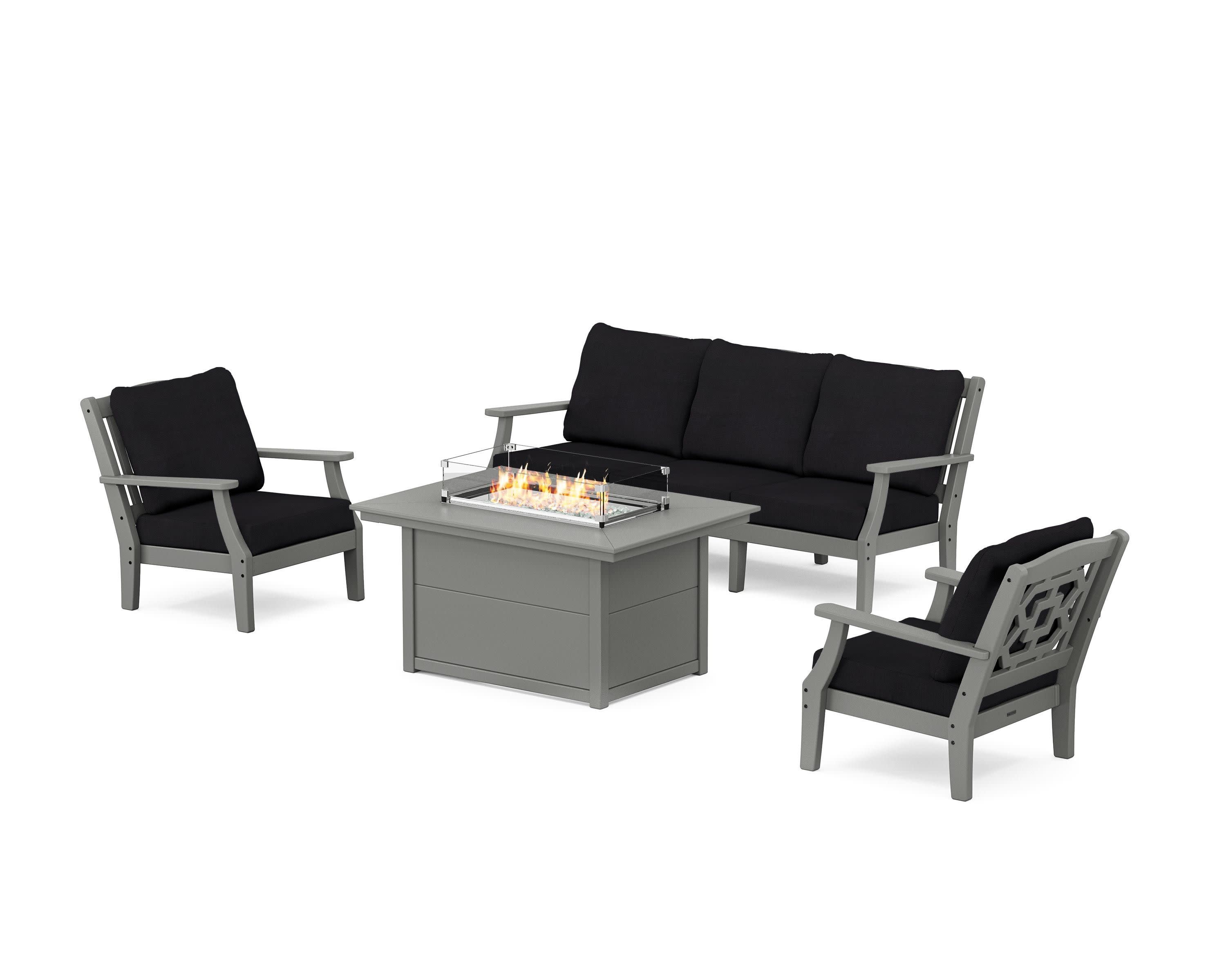 Chinoiserie Deep Seating Fire Pit Table Set in Slate Grey / Midnight Linen