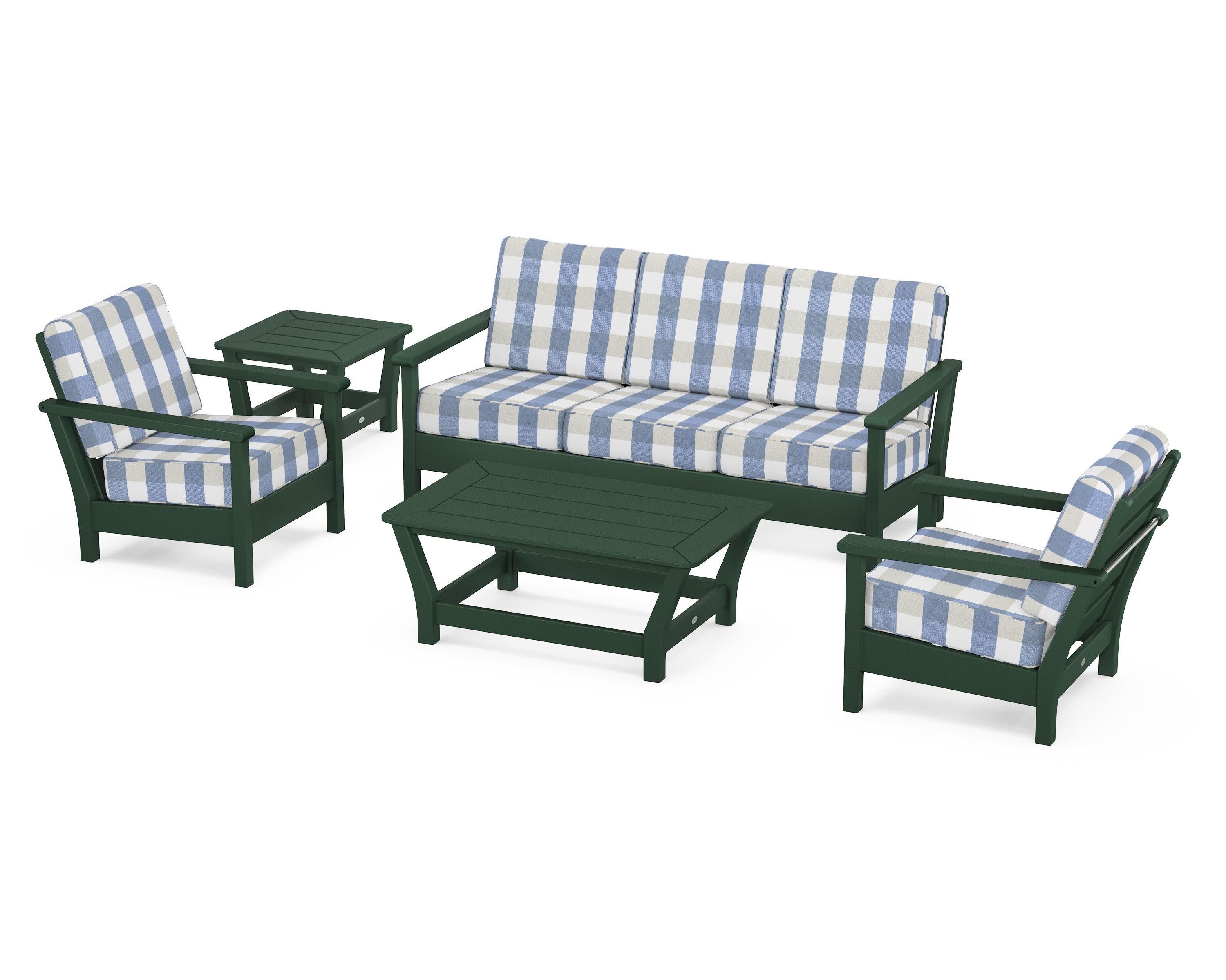 Harbour 5-Piece Deep Seating Set in Green / Buffalo Plaid Sky Blue