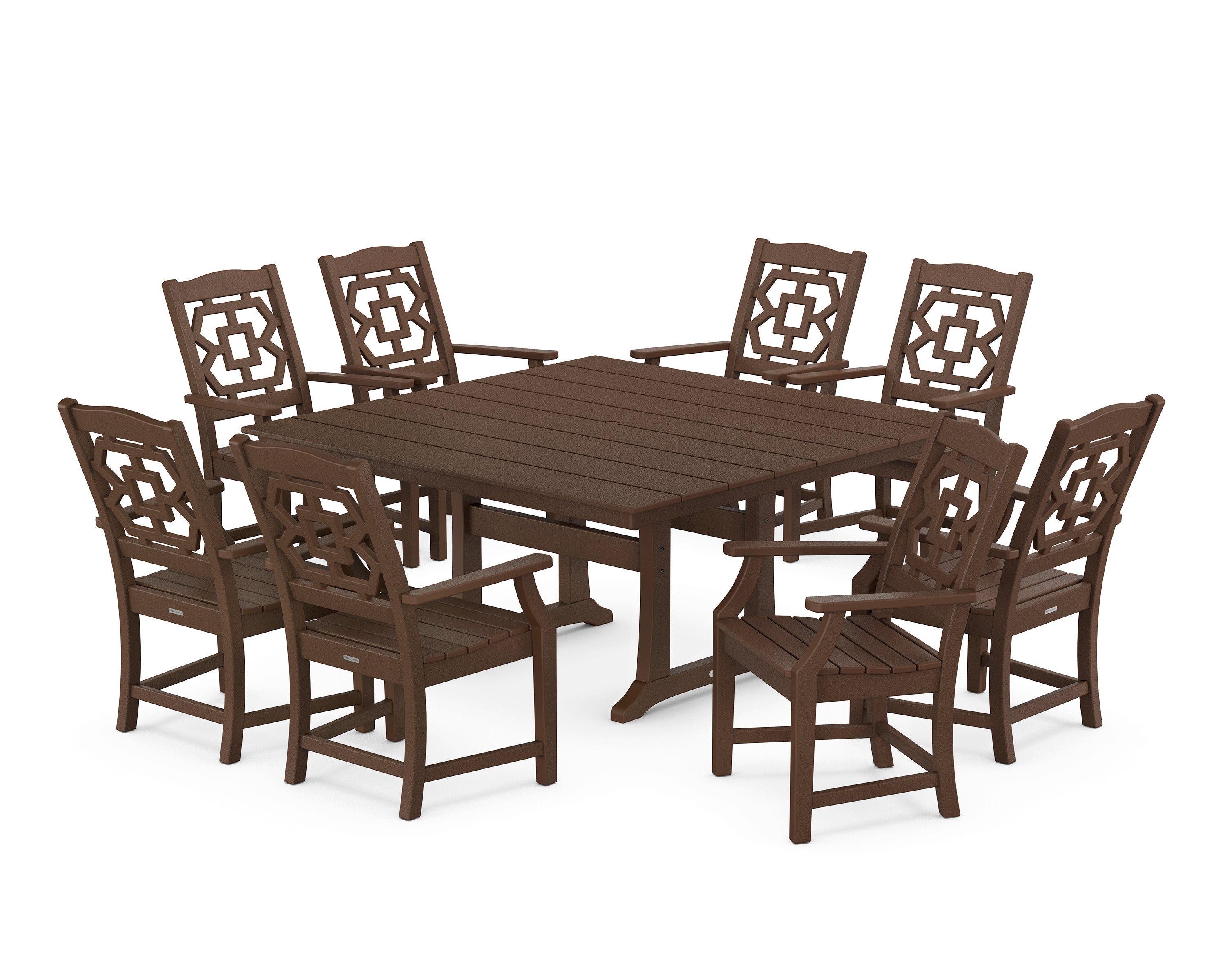 Chinoiserie 9-Piece Square Farmhouse Dining Set with Trestle Legs in Mahogany