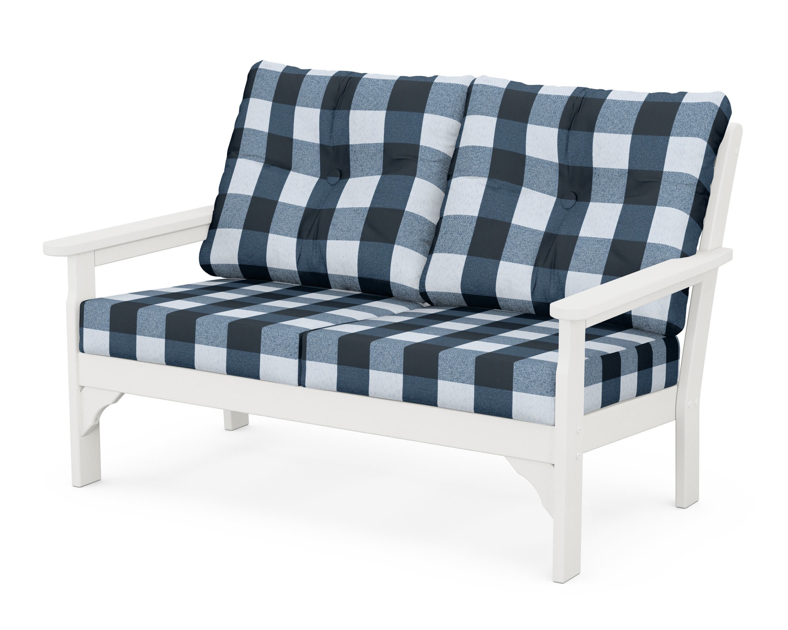 Vineyard Deep Seating Loveseat in Vintage White / Buffalo Plaid Marine Indigo