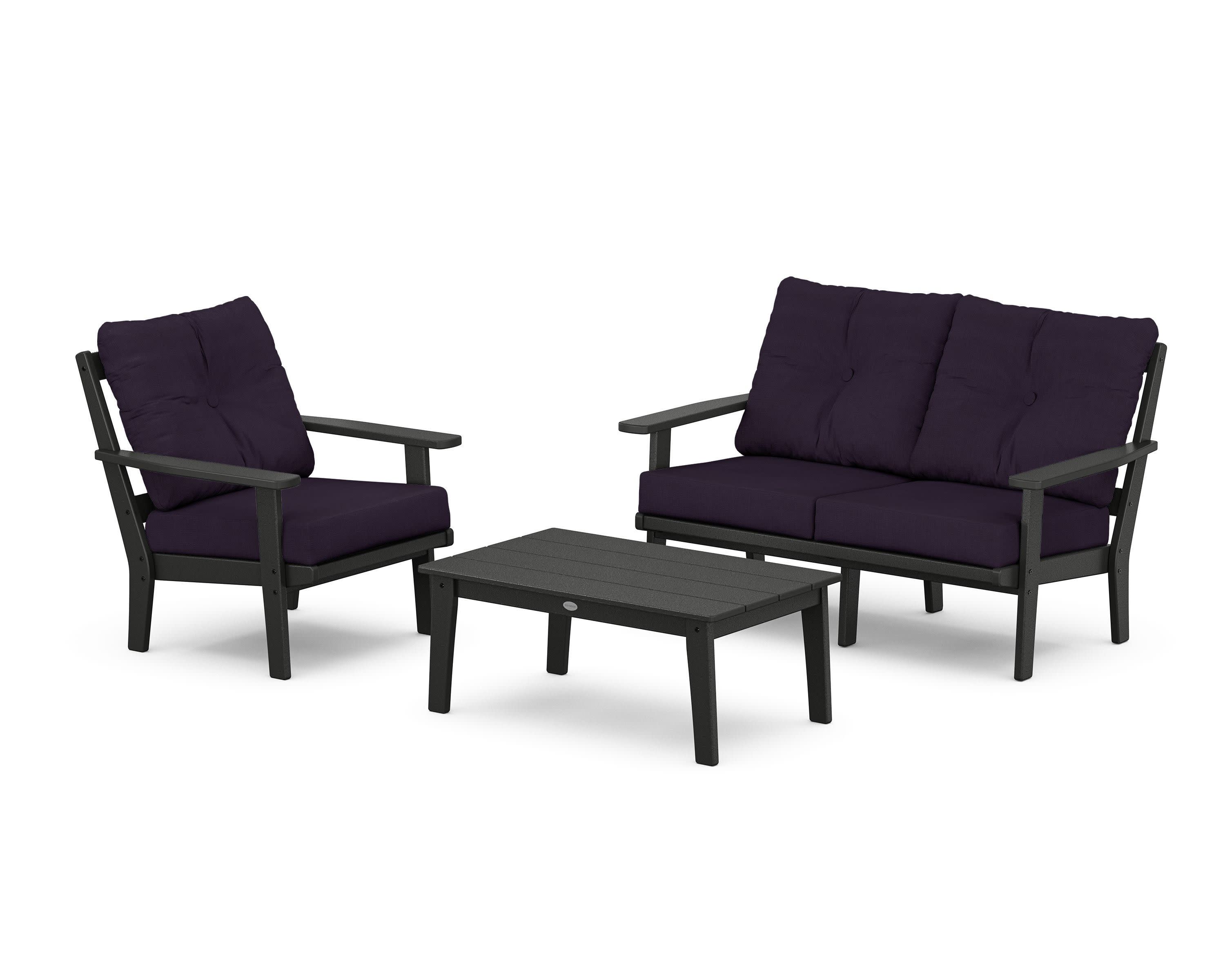 Oxford 3-Piece Deep Seating Set with Loveseat in Black / Navy Linen