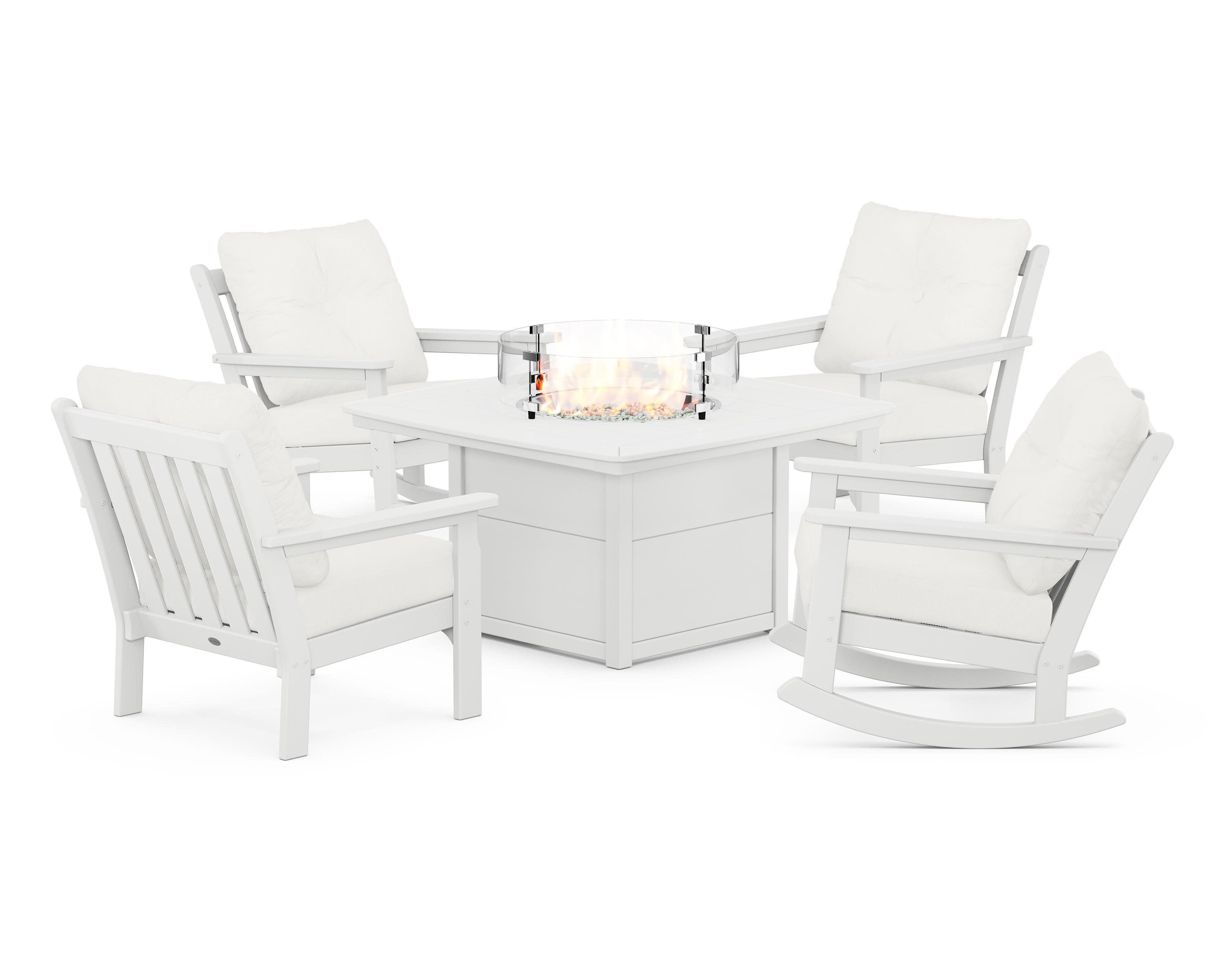 Vineyard 5-Piece Deep Seating Rocking Chair Conversation Set with Fire Pit Table in White / Natural Linen