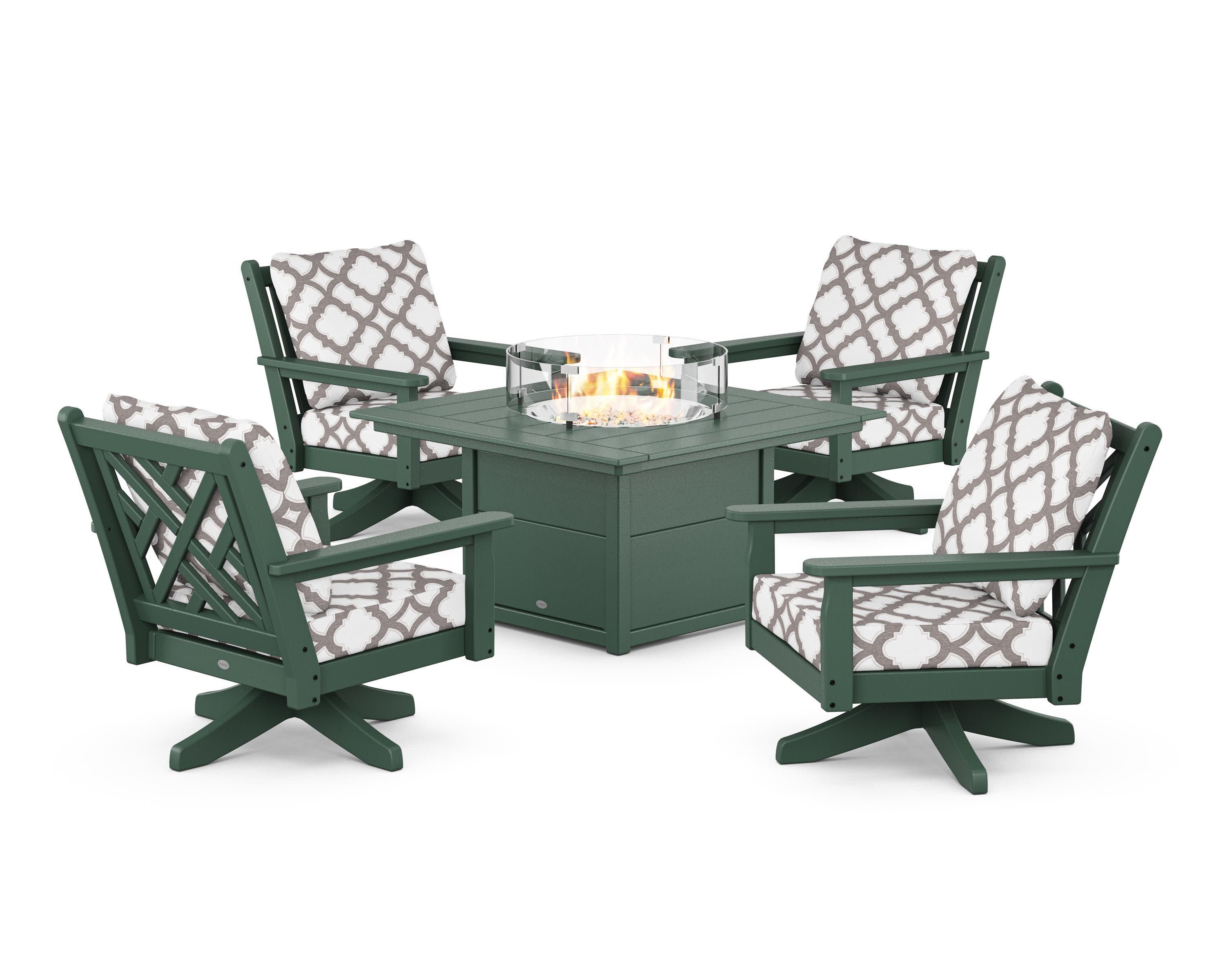 Chippendale 5-Piece Deep Seating Swivel Conversation Set with Fire Pit Table in Green / Trellis Grey Mist
