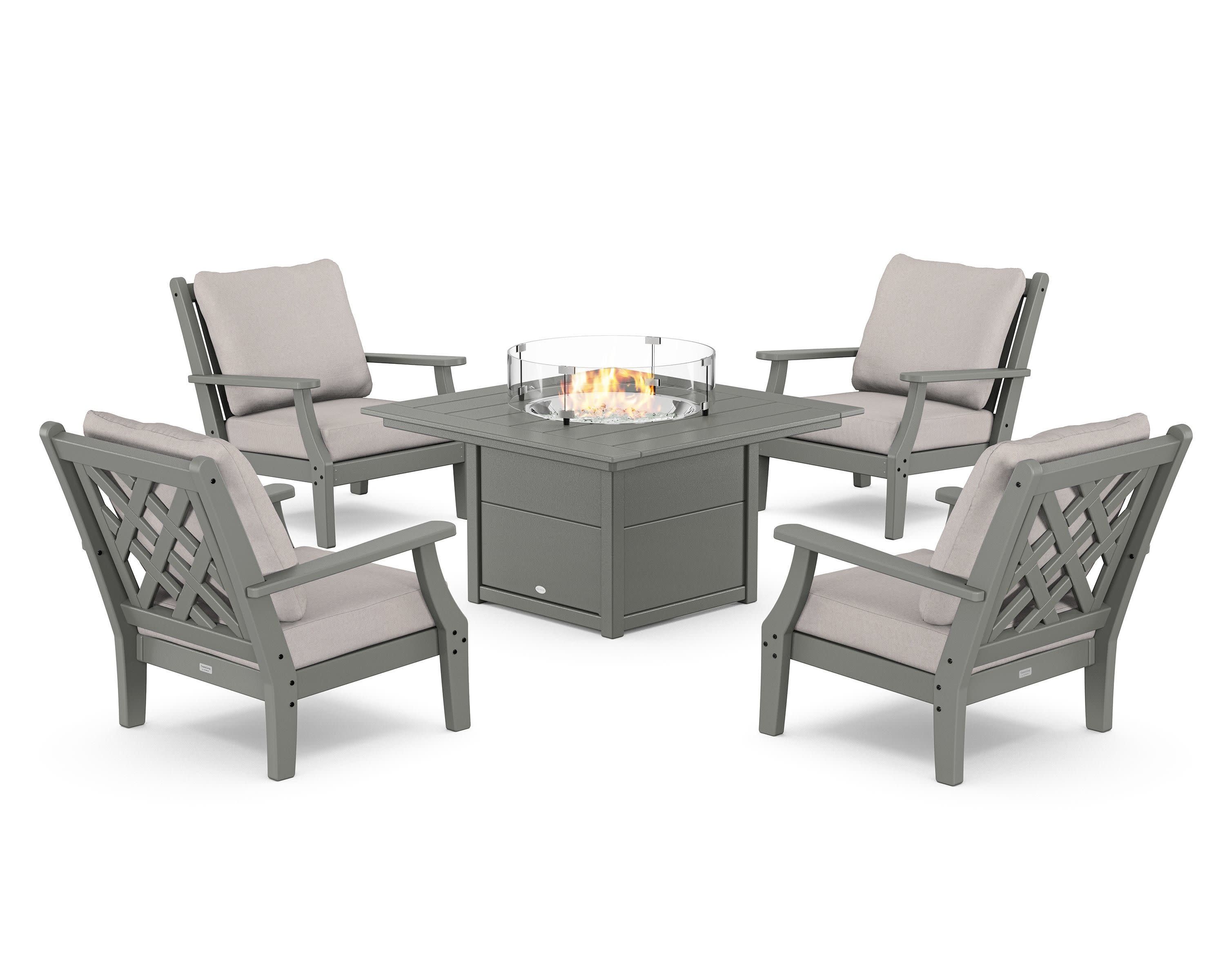 Wovendale 5-Piece Deep Seating Set with Fire Pit Table in Slate Grey / Dune Burlap