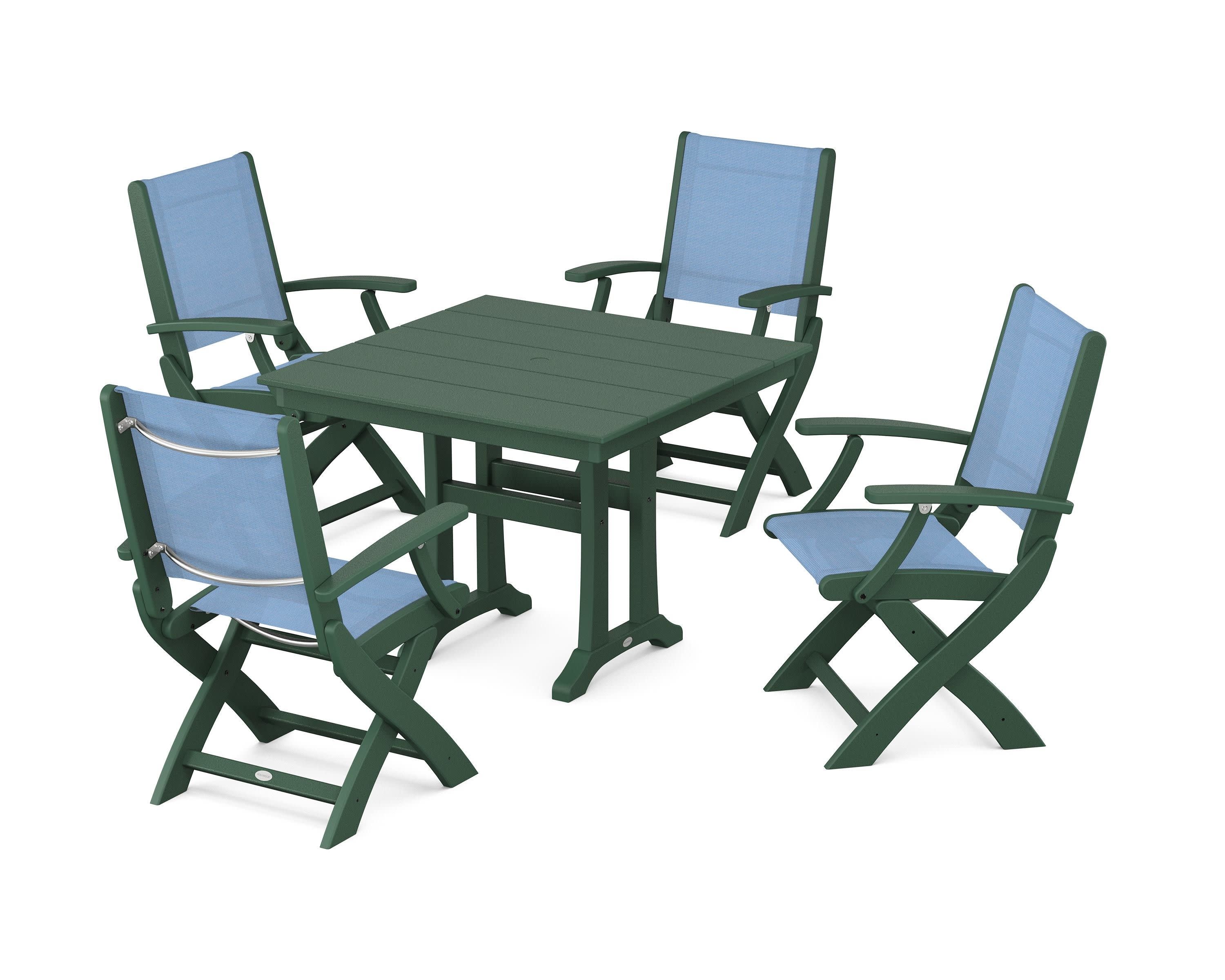 Coastal Folding Chair 5-Piece Farmhouse Dining Set With Trestle Legs in Green / Poolside Sling