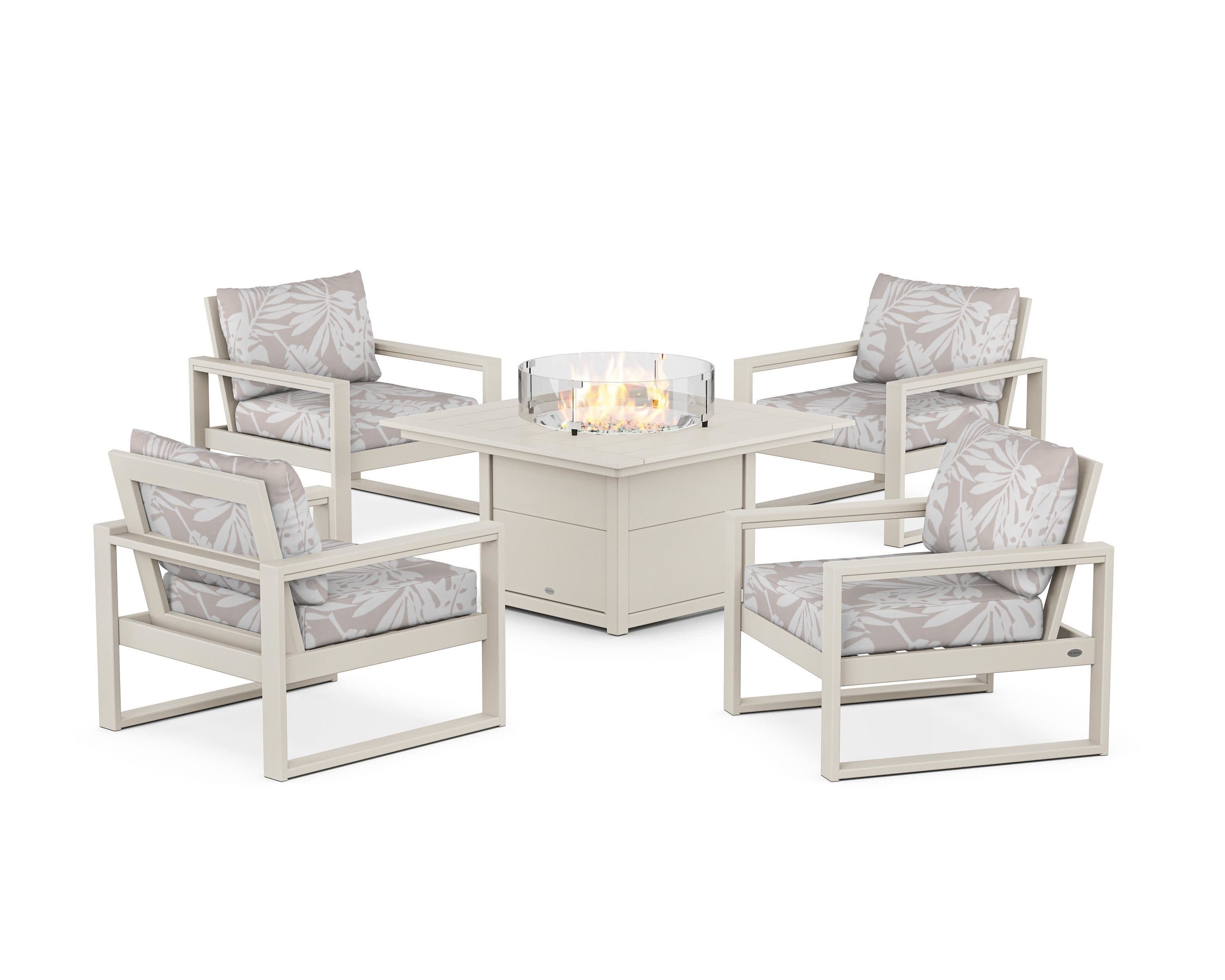EDGE Sectional 5-Piece Deep Seating Set with Fire Pit Table in Sand / Leaf Dune Burlap