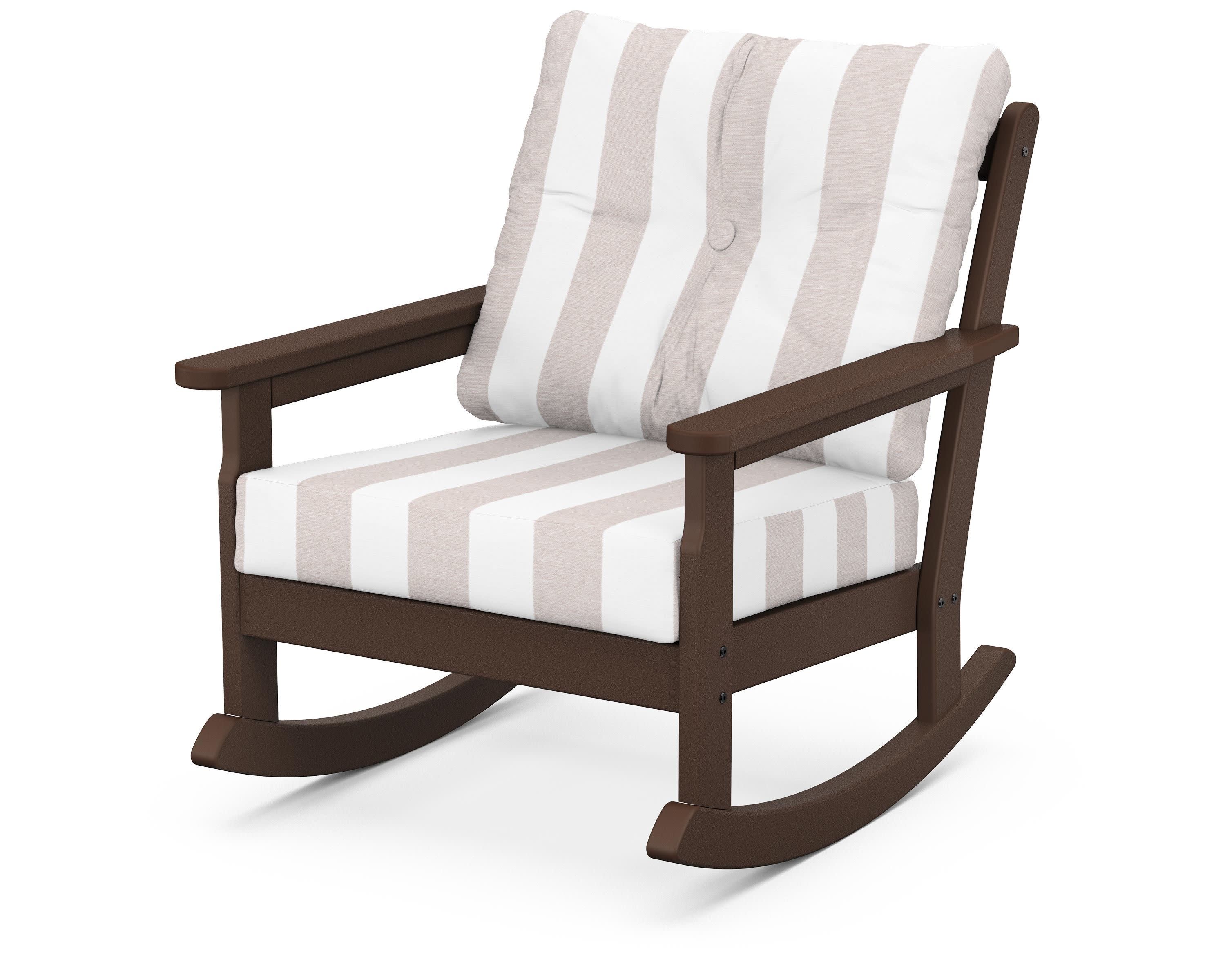 Vineyard Deep Seating Rocking Chair in Mahogany / Cabana Stripe Dune Burlap