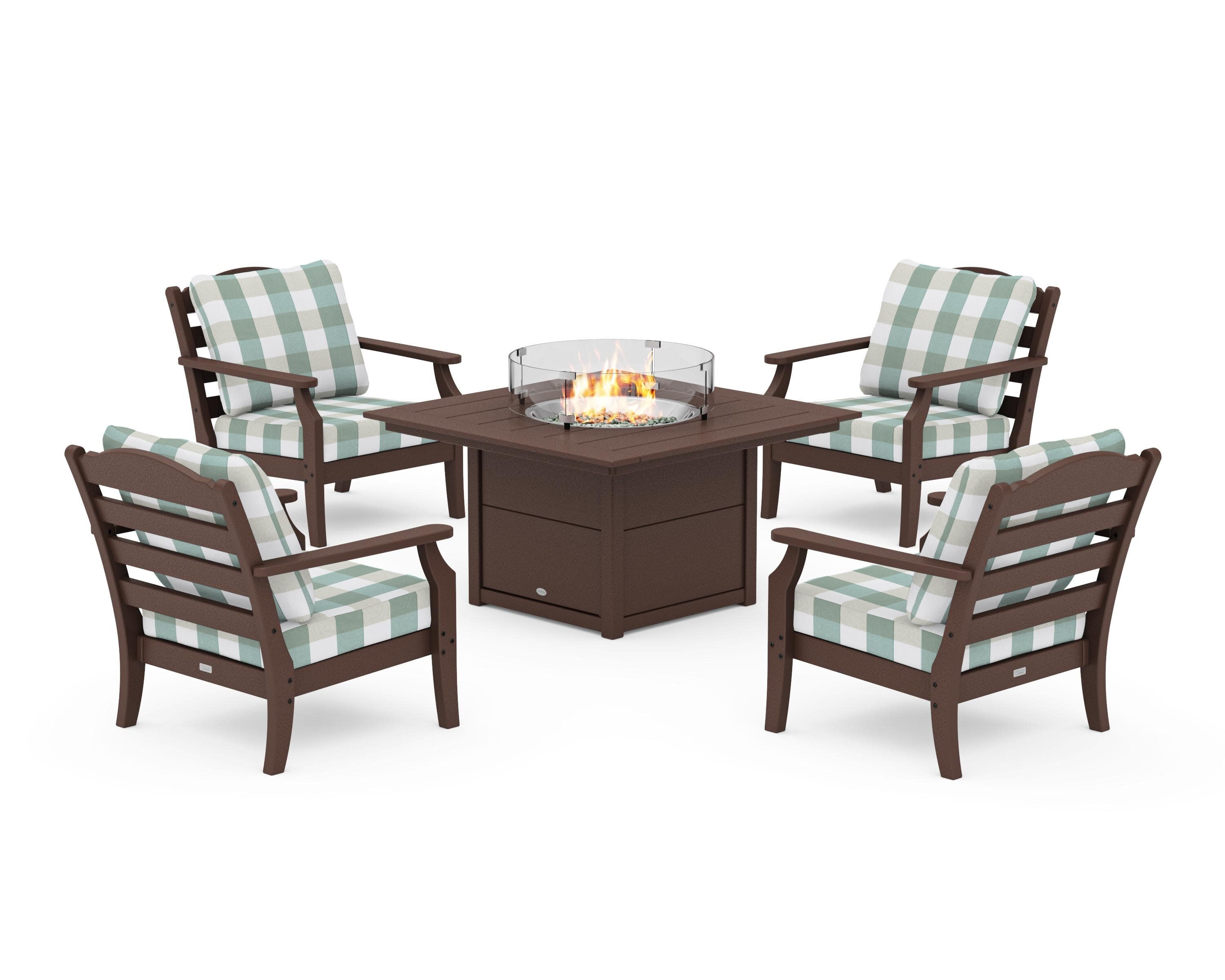 Savannah 5-Piece Deep Seating Set with Fire Pit Table in Mahogany / Buffalo Plaid Glacier Spa