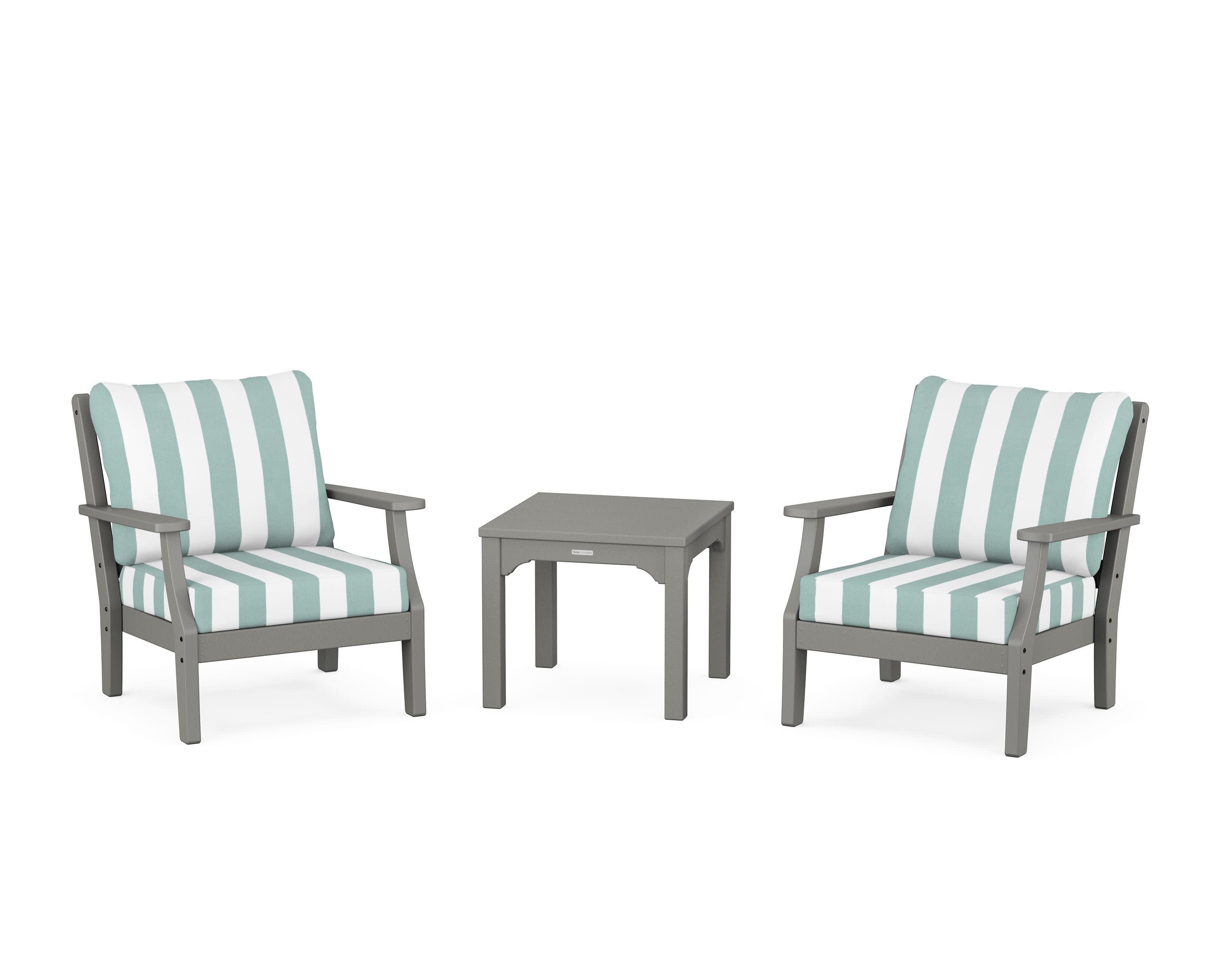 Chinoiserie 3-Piece Deep Seating Set in Slate Grey / Cabana Stripe Glacier Spa