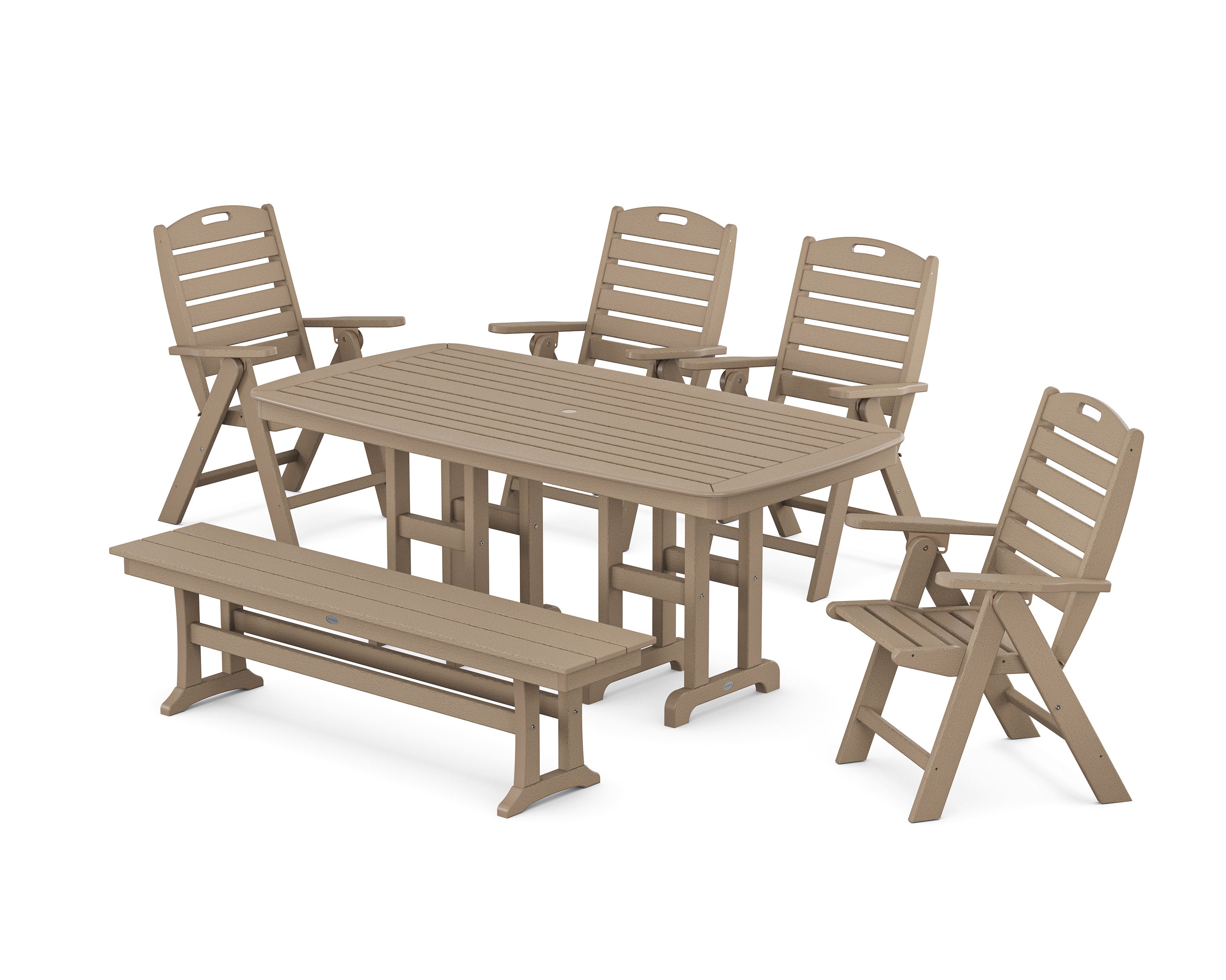 Nautical Highback 6-Piece Dining Set with Bench in Vintage Sahara