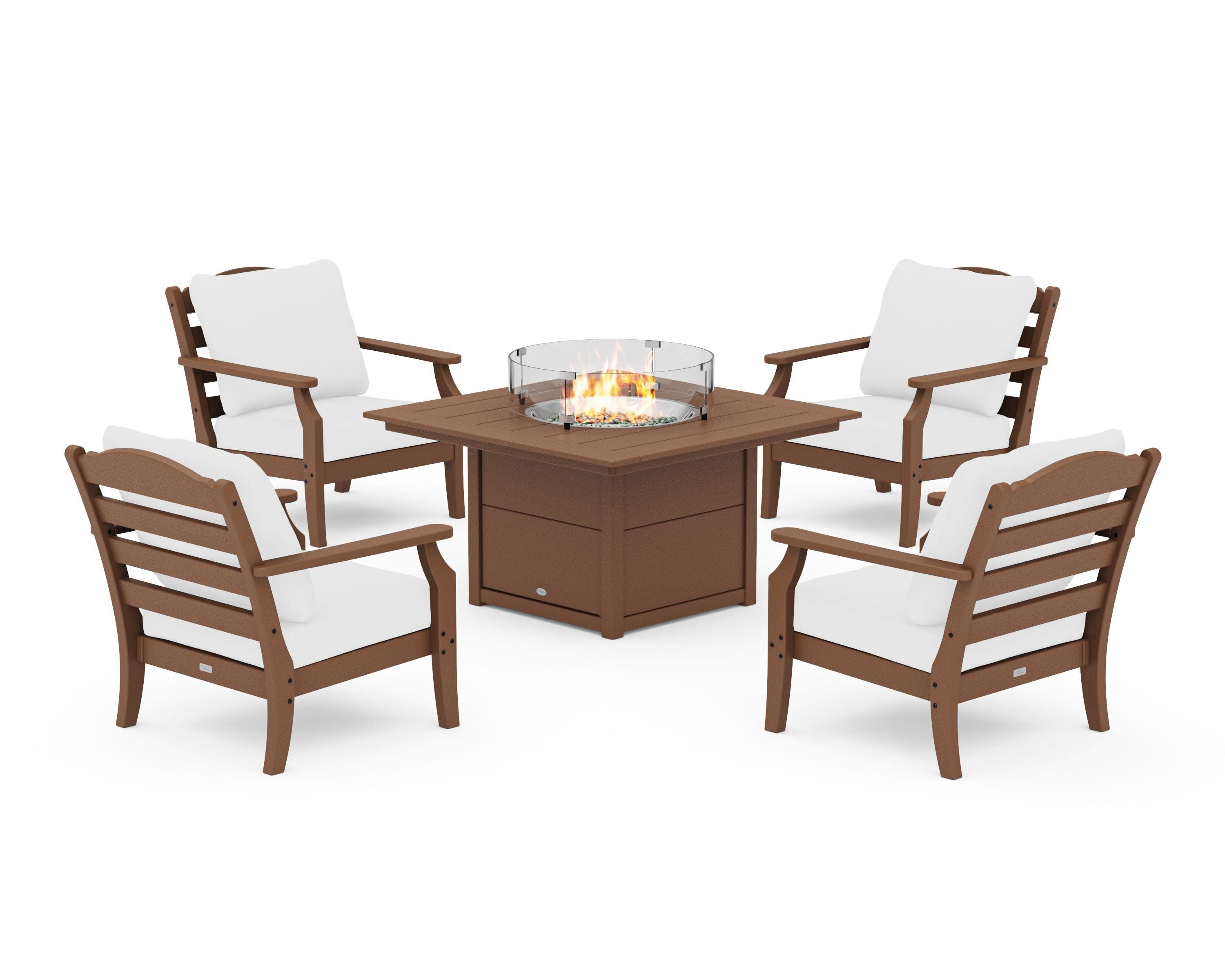 Savannah 5-Piece Deep Seating Set with Fire Pit Table in Teak / Natural