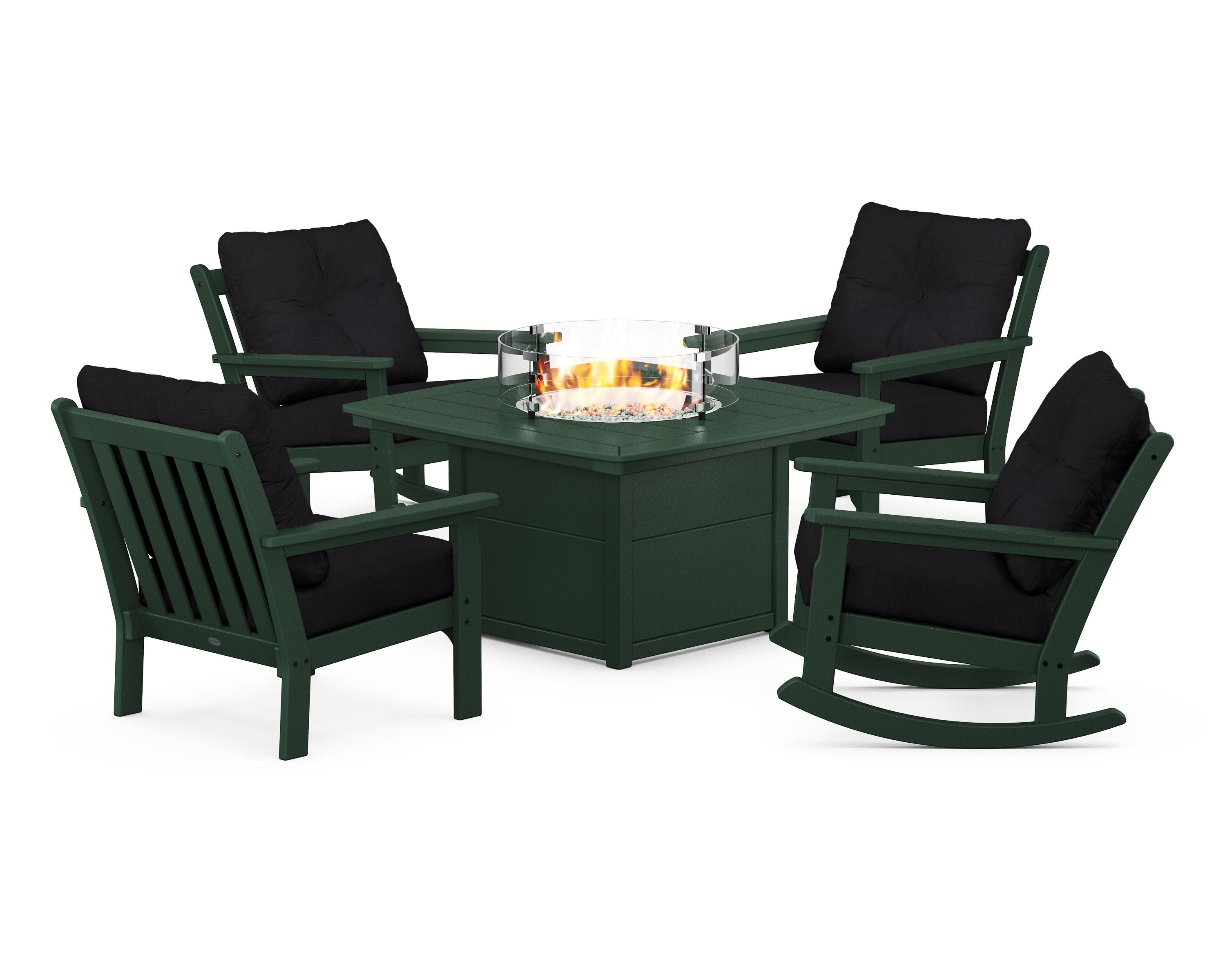 Vineyard 5-Piece Deep Seating Rocking Chair Conversation Set with Fire Pit Table in Green / Midnight Linen