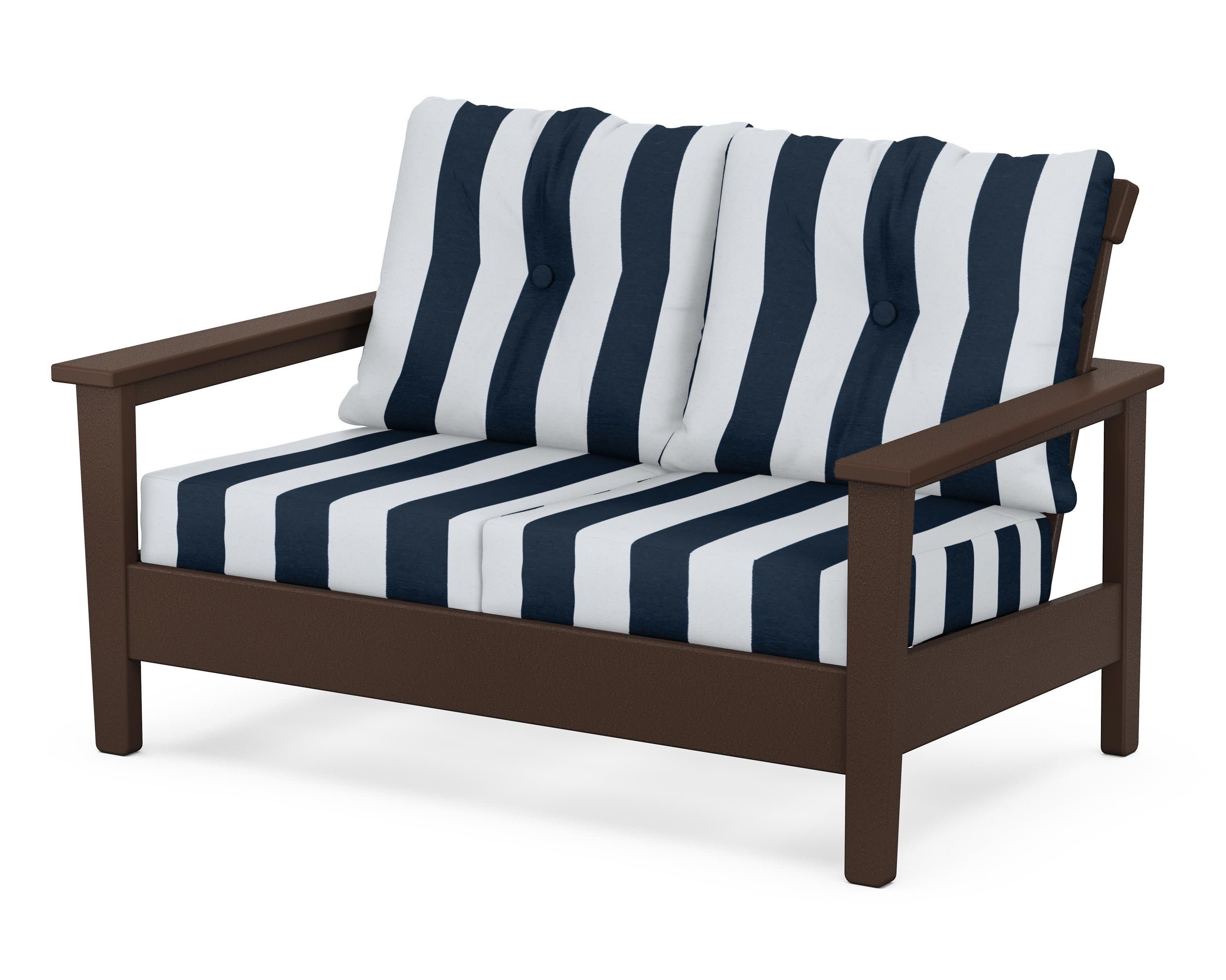 Prescott Deep Seating Loveseat in Mahogany / Cabana Stripe Marine Indigo