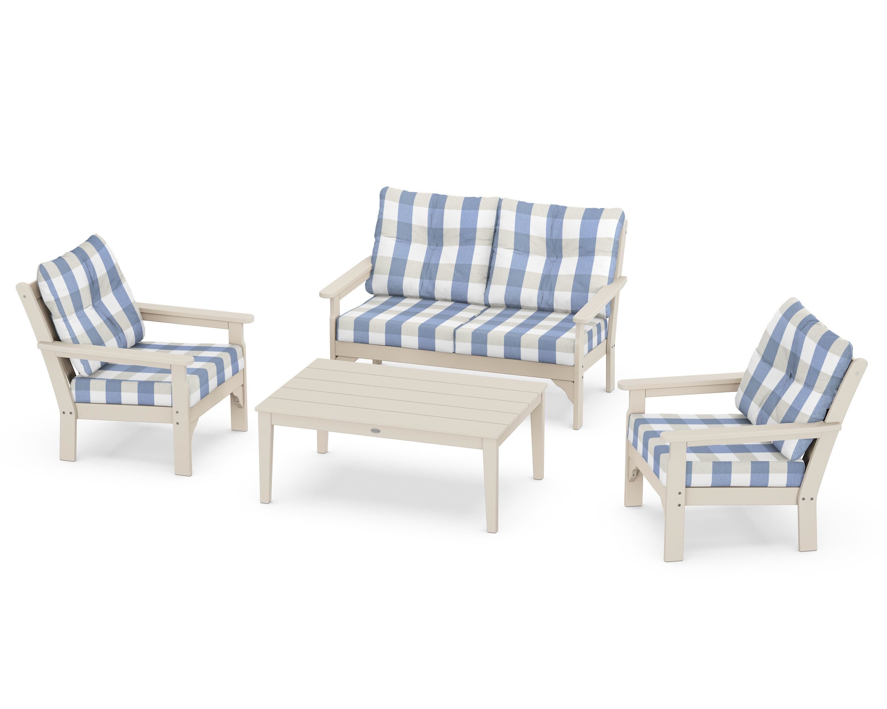Vineyard 4-Piece Deep Seating Set in Sand / Buffalo Plaid Sky Blue