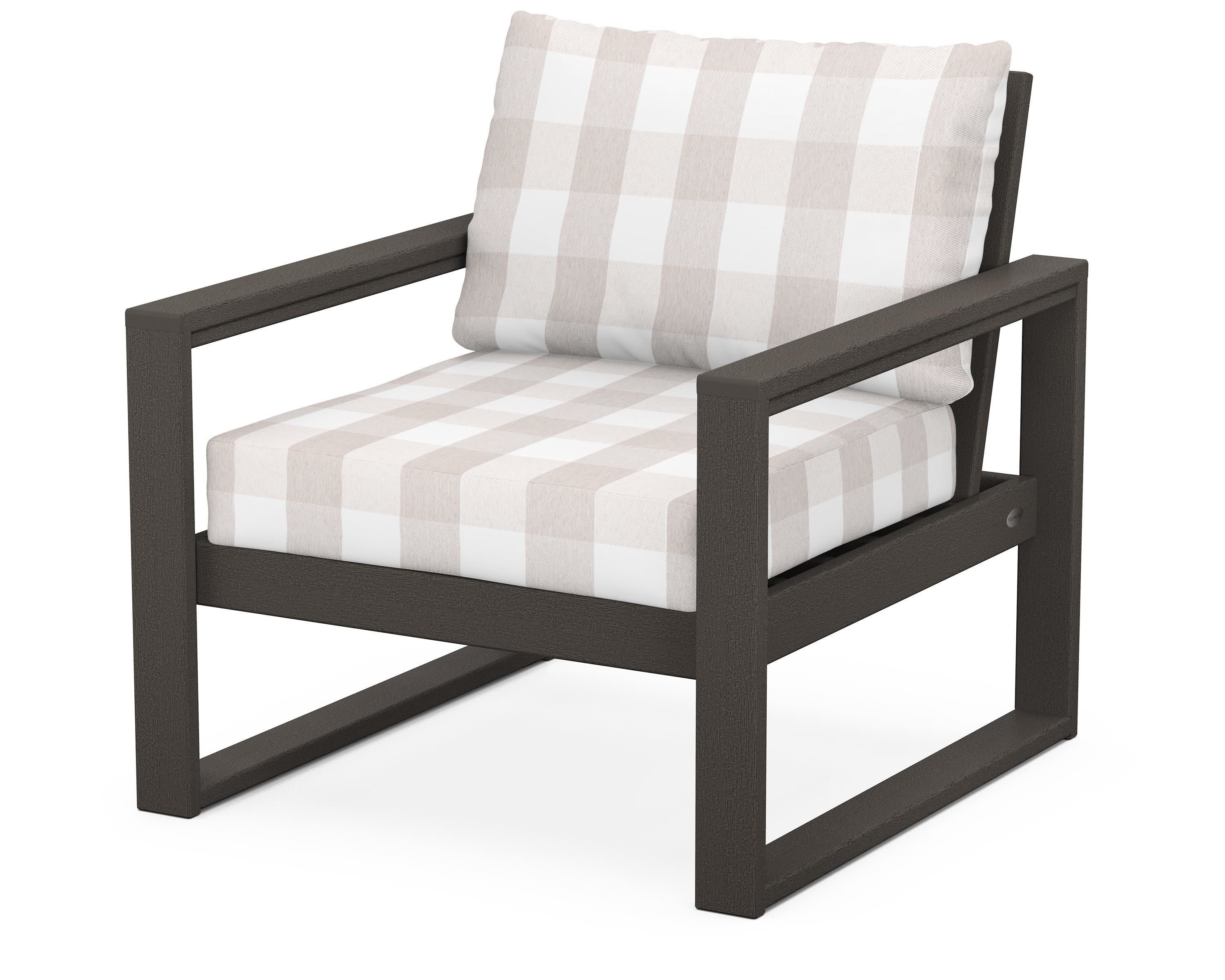 EDGE Club Chair in Vintage Coffee / Buffalo Plaid Dune Burlap