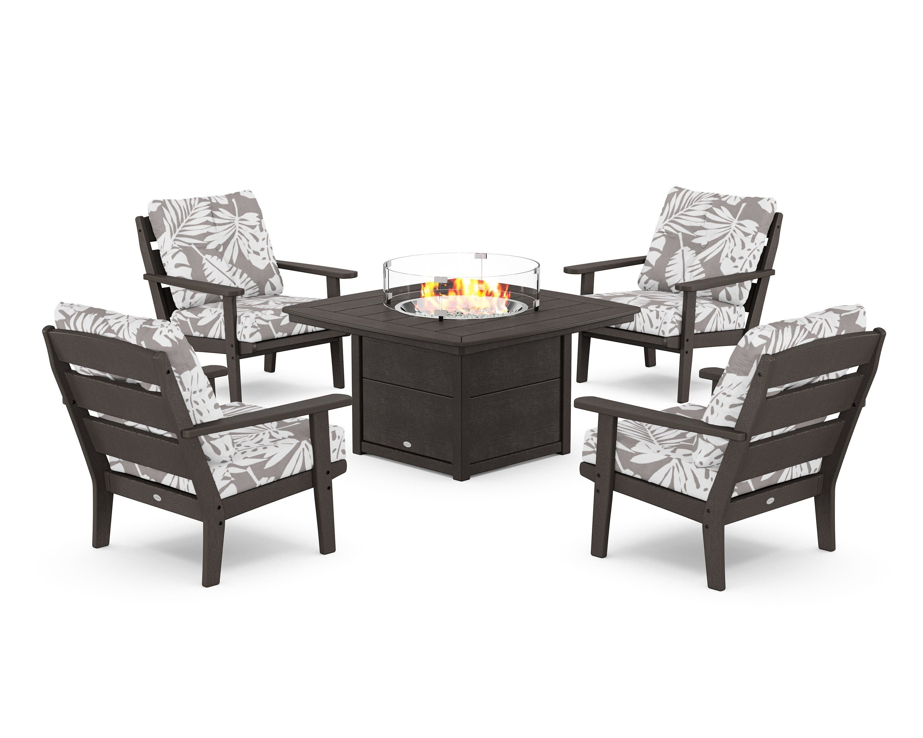 Lakeside 5-Piece Deep Seating Set with Nautical Fire Pit Table in Vintage Coffee / Leaf Grey Mist