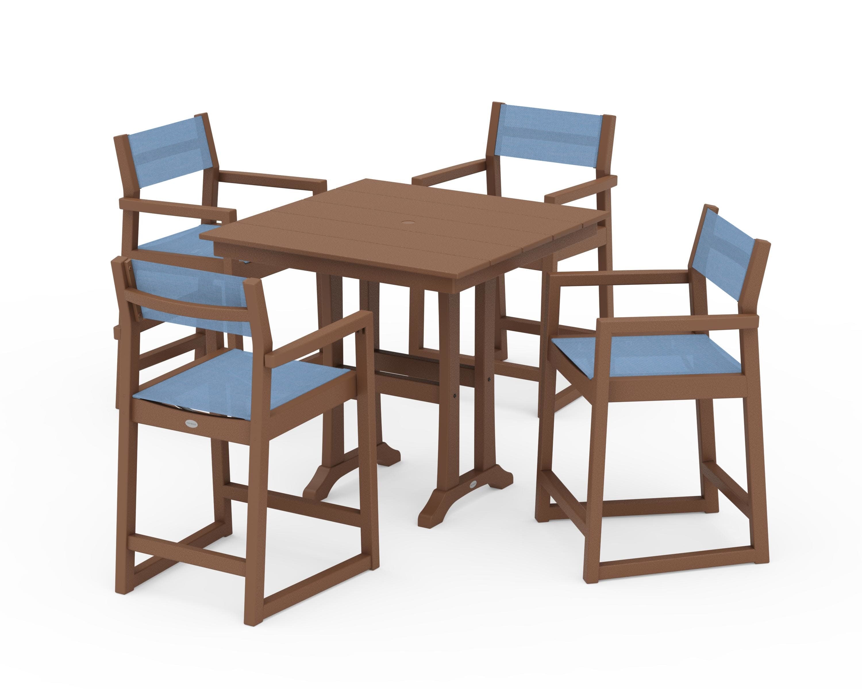 EDGE Sling Arm Chair 5-Piece Farmhouse Counter Set with Trestle Legs in Teak / Poolside Sling
