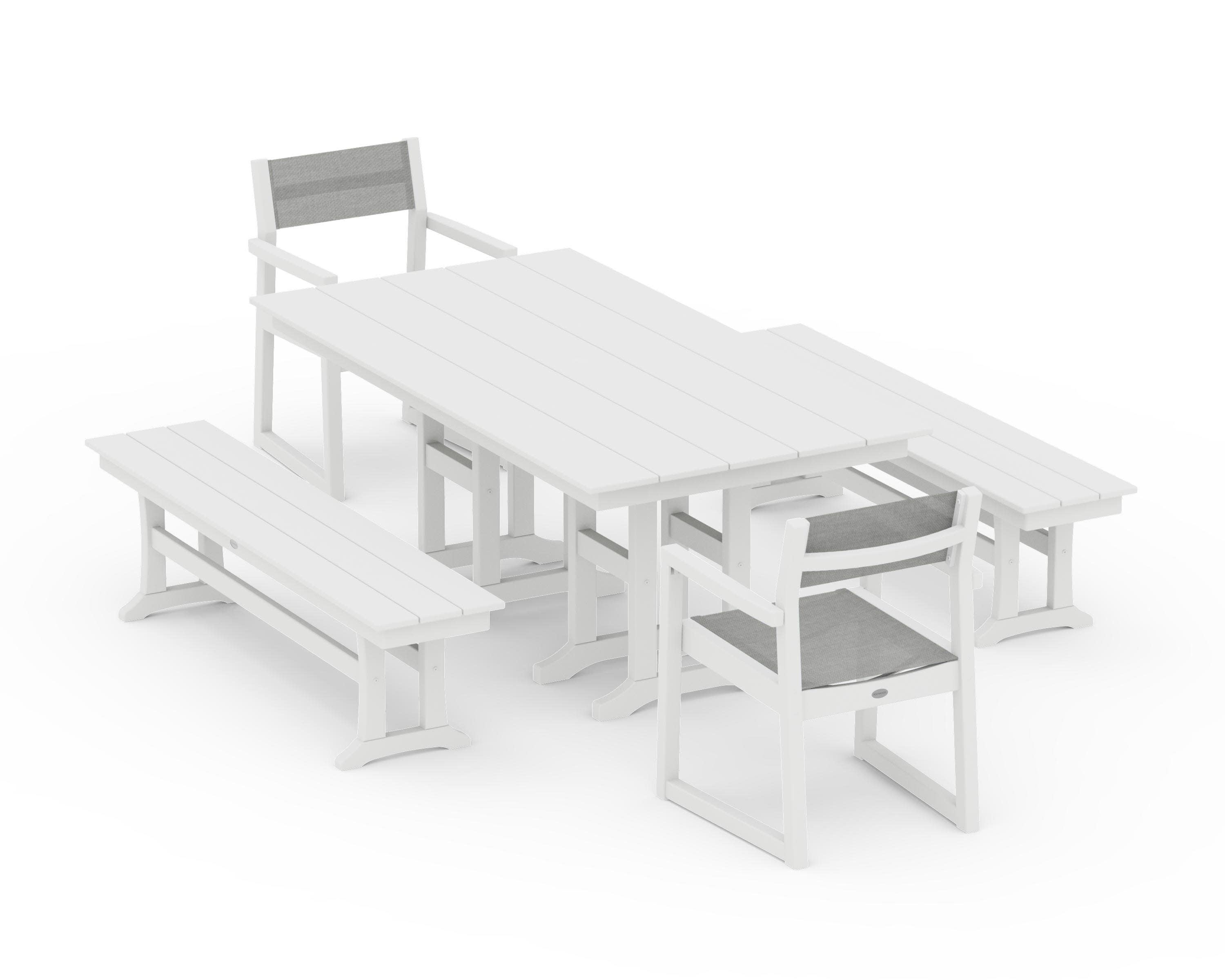 EDGE Sling Arm Chair 5-Piece Farmhouse Dining Set with Benches in White / Metallic Sling
