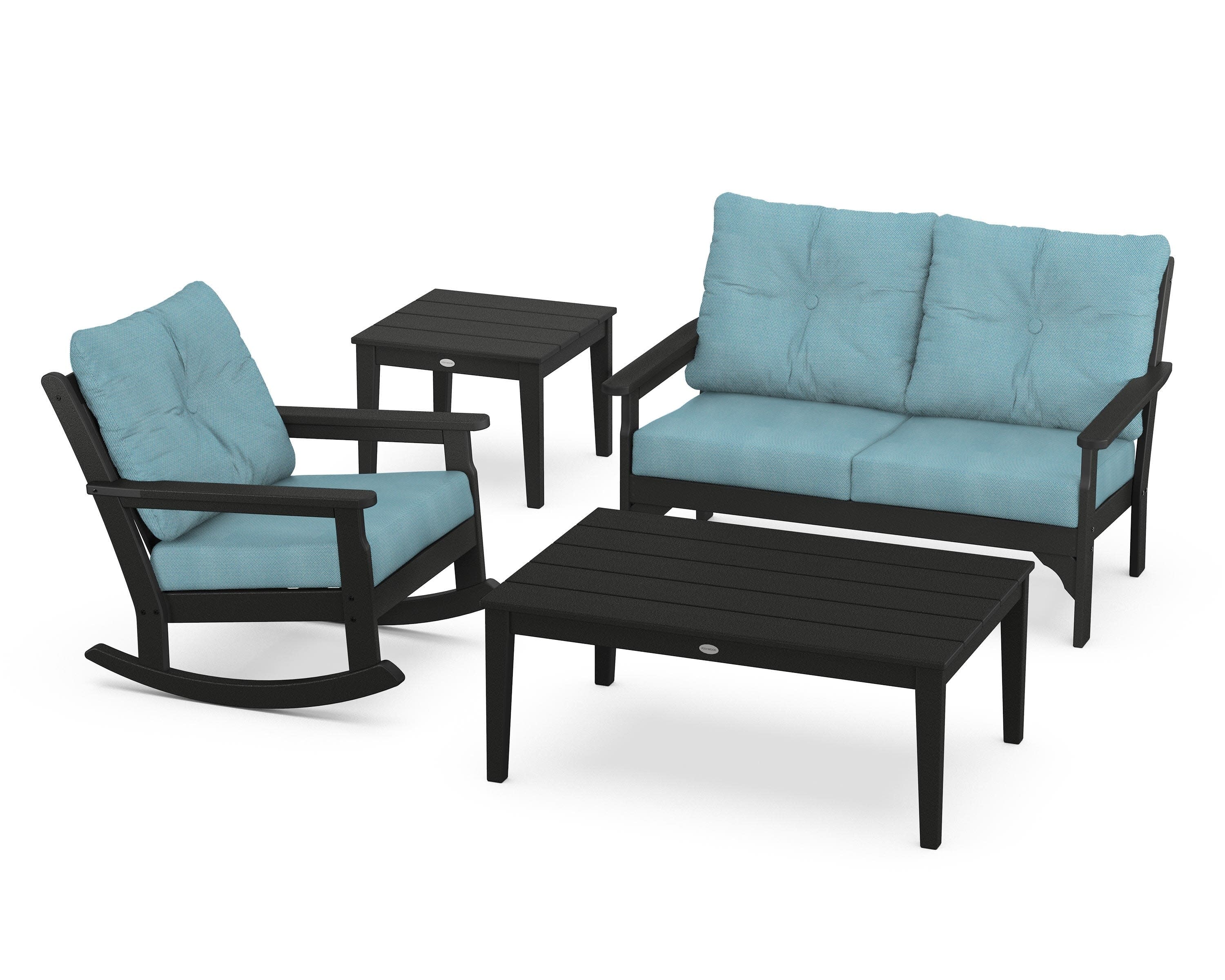 Vineyard 4-Piece Deep Seating Rocker Set in Black / Lattice Sky Blue