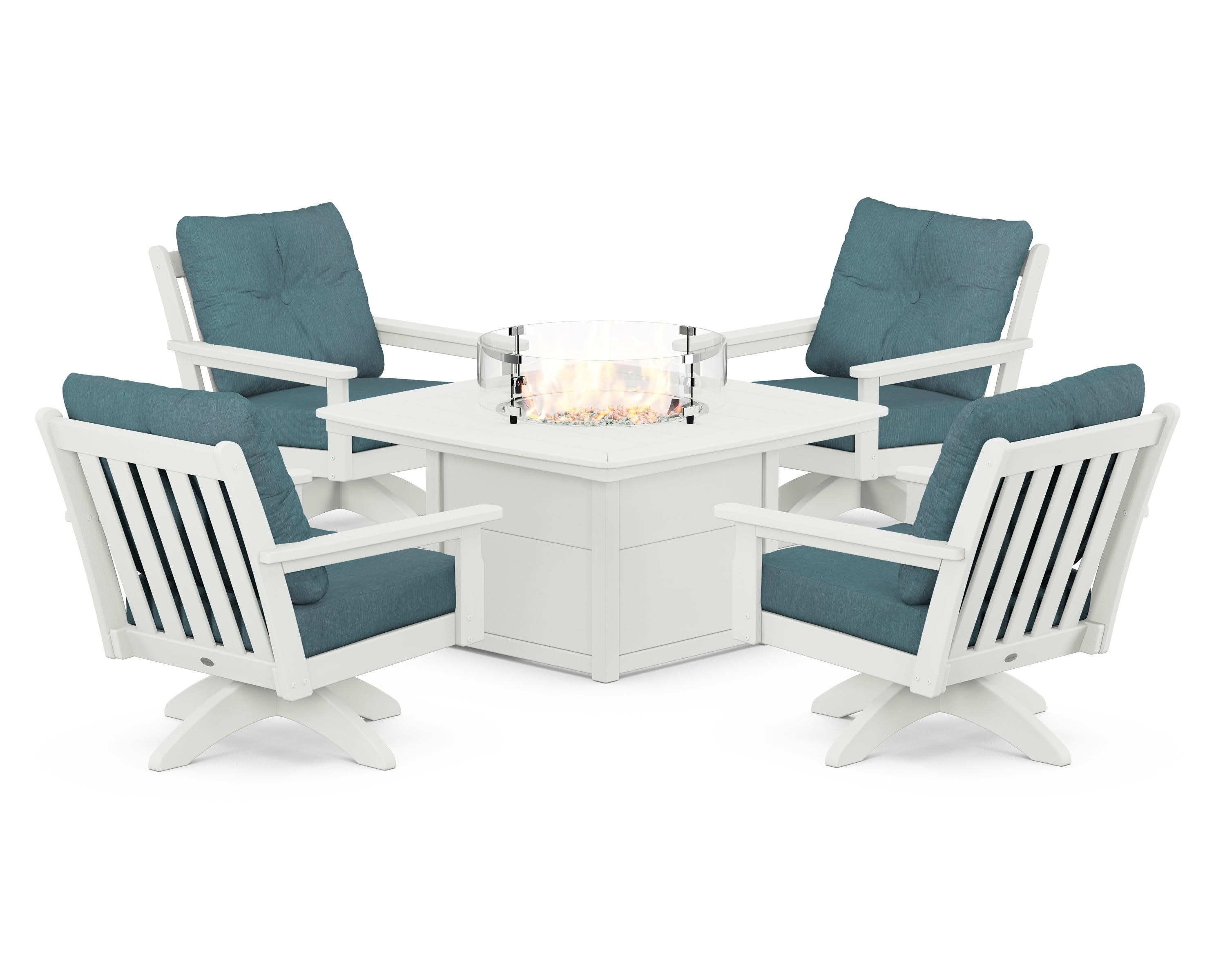 Vineyard 5-Piece Deep Seating Swivel Conversation Set with Fire Pit Table in Vintage White / Ocean Teal