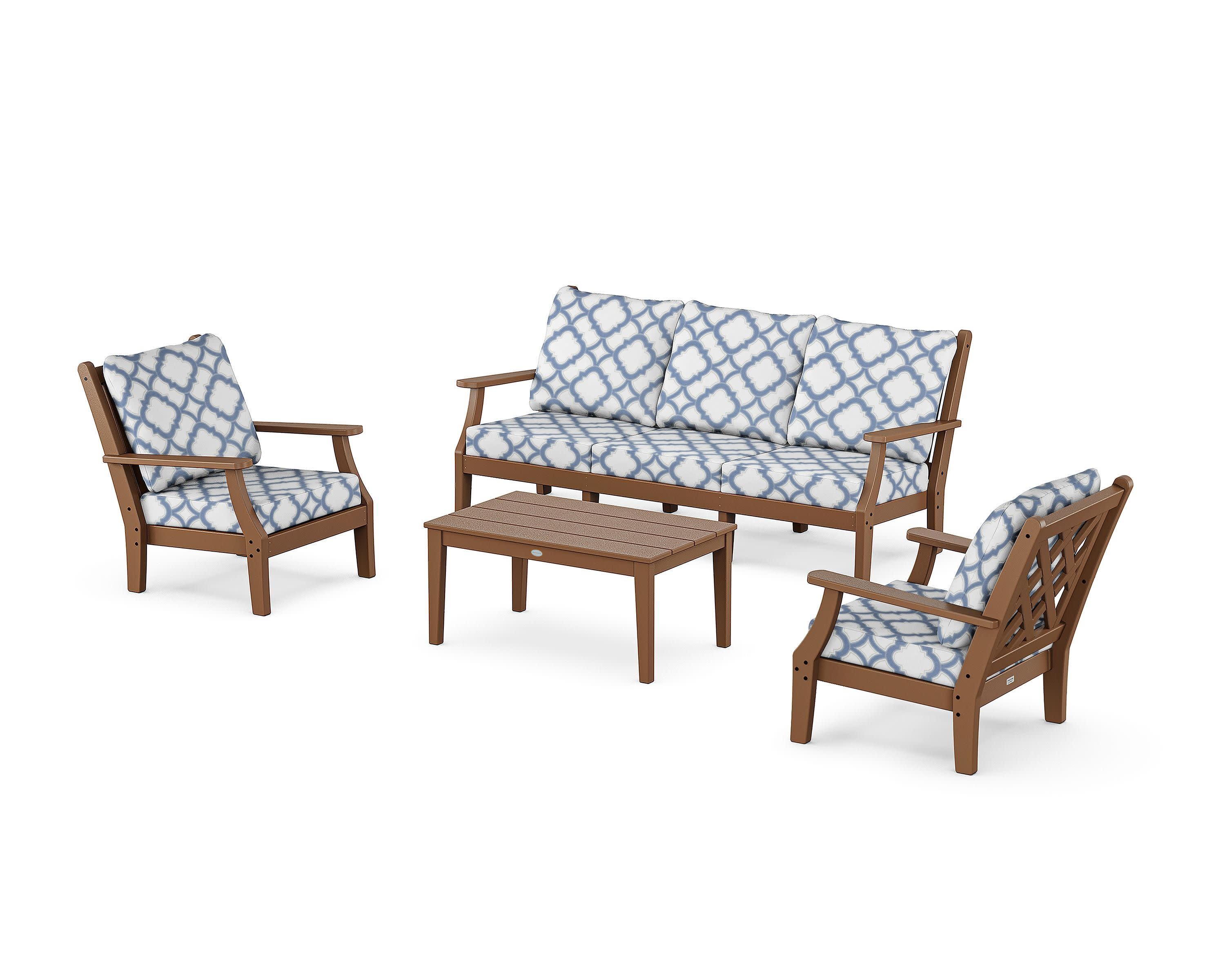 Wovendale 4-Piece Deep Seating Set with Sofa in Teak / Trellis Sky Blue