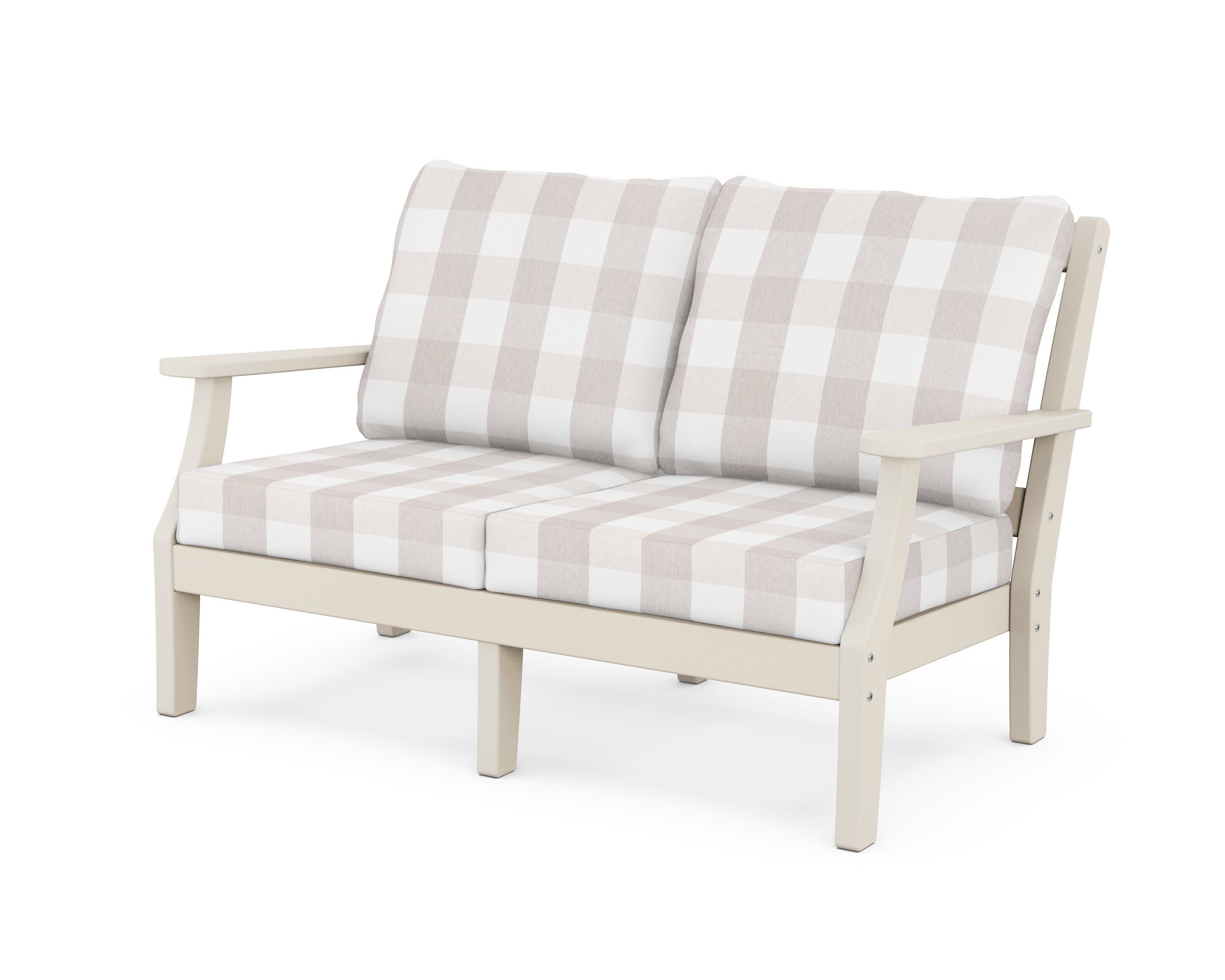 Chinoiserie Deep Seating Loveseat in Sand / Buffalo Plaid Dune Burlap