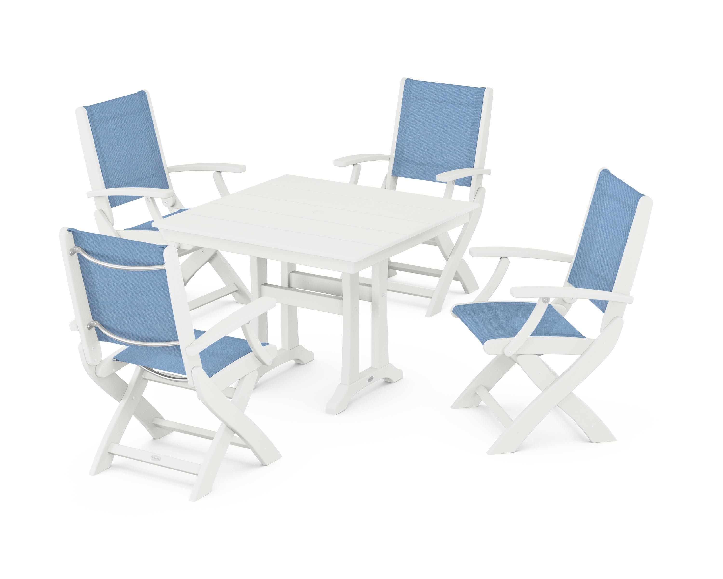 Coastal Folding Chair 5-Piece Farmhouse Dining Set With Trestle Legs in Vintage White / Poolside Sling