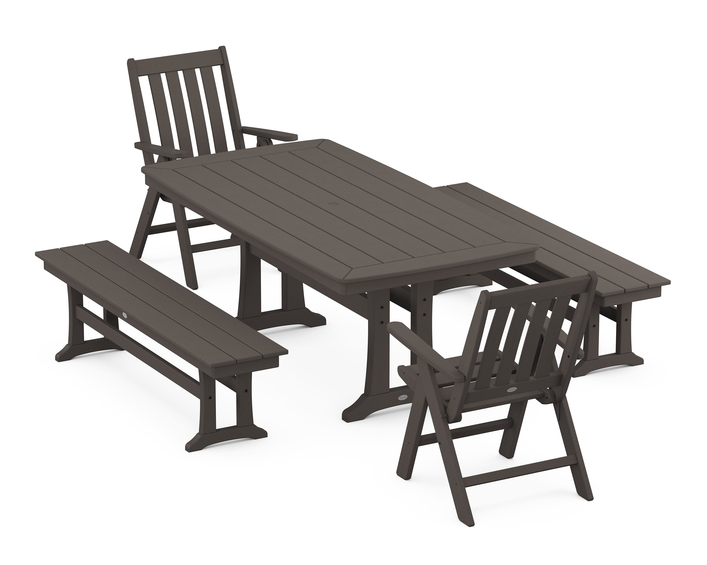 Vineyard Folding Chair 5-Piece Dining Set with Trestle Legs and Benches in Vintage Coffee