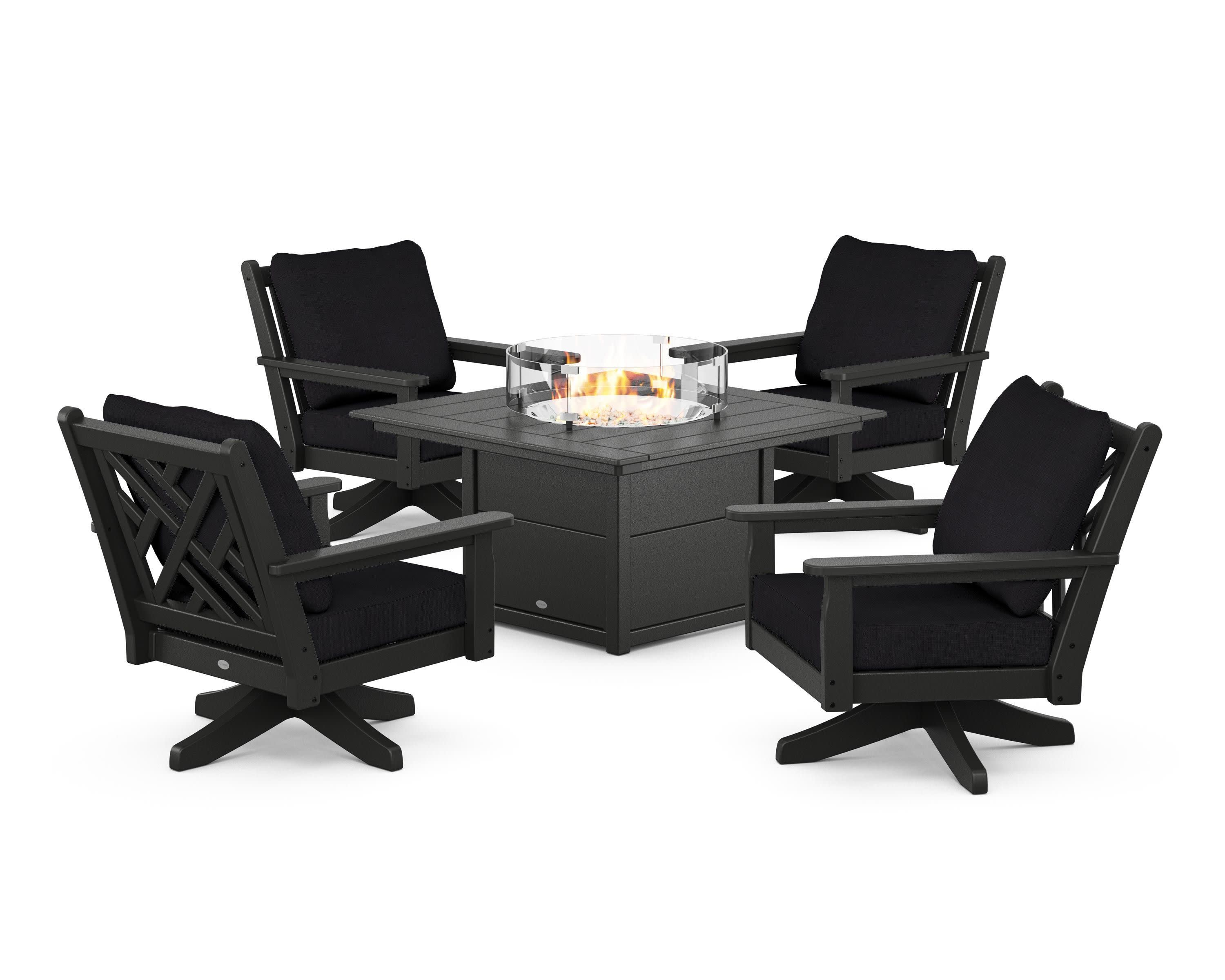 Chippendale 5-Piece Deep Seating Swivel Conversation Set with Fire Pit Table in Black / Midnight Linen