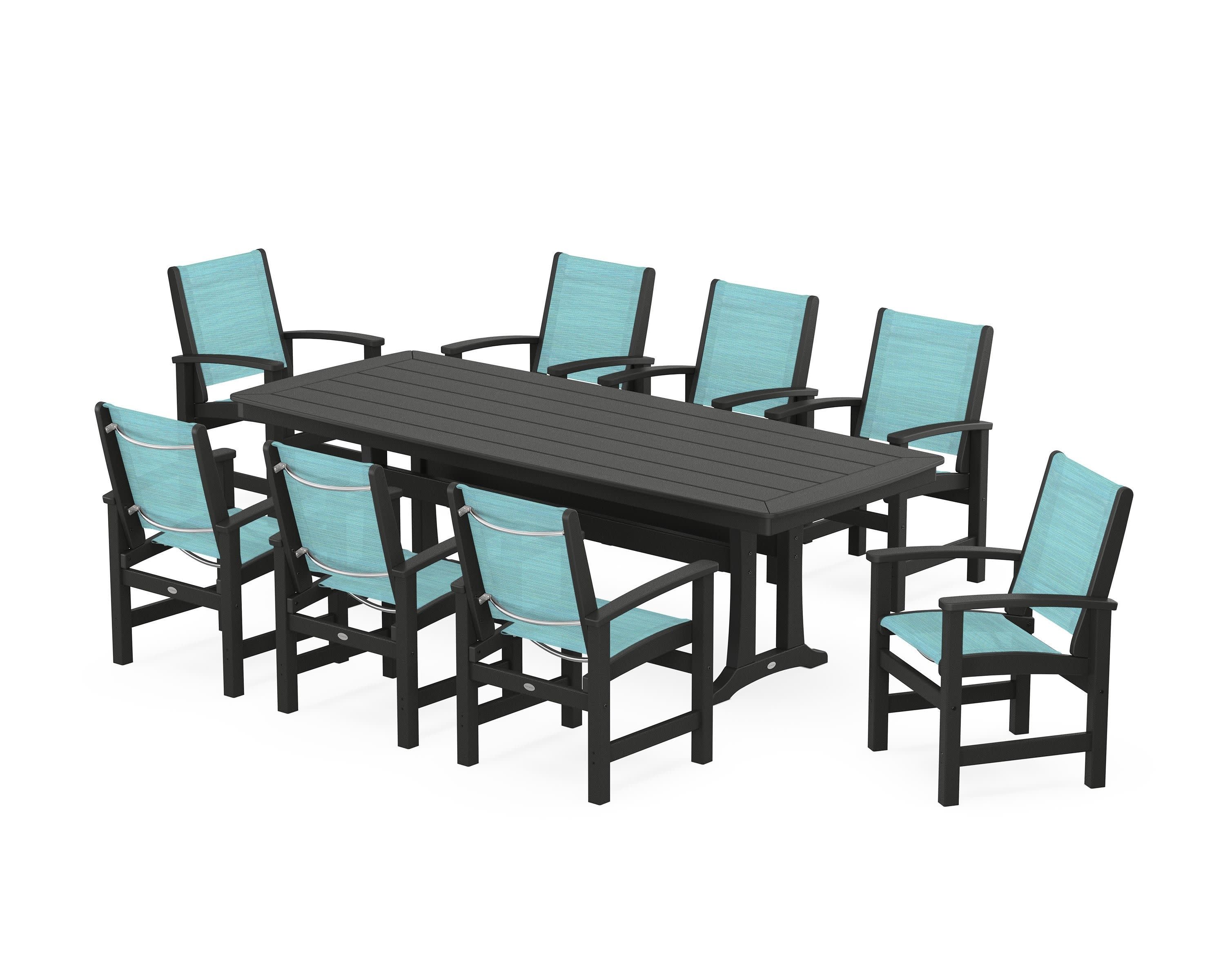Coastal 9-Piece Dining Set with Trestle Legs in Black / Dupioni Aquamarine Sling
