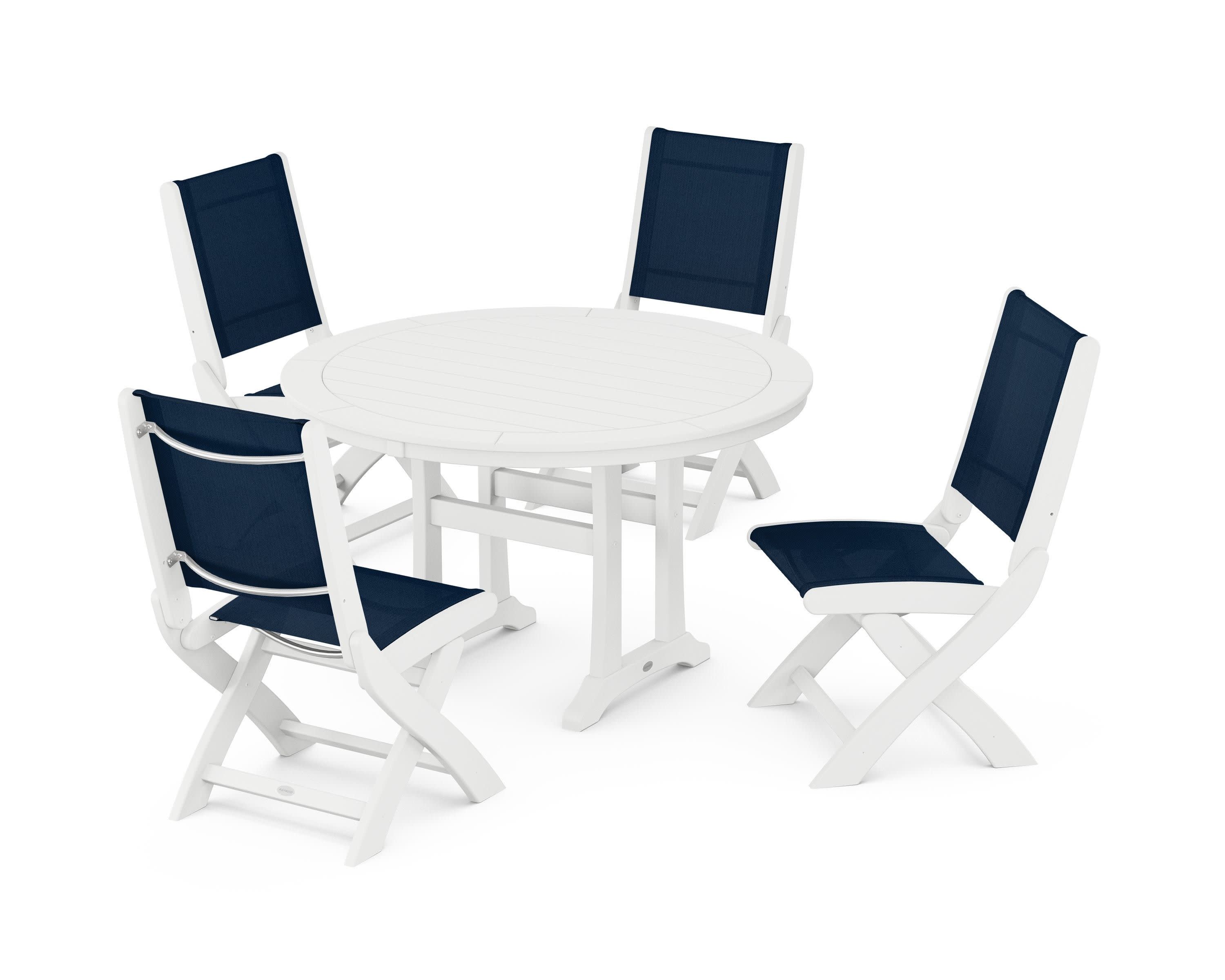 Coastal Folding Side Chair 5-Piece Round Dining Set With Trestle Legs in White / Navy Blue Sling