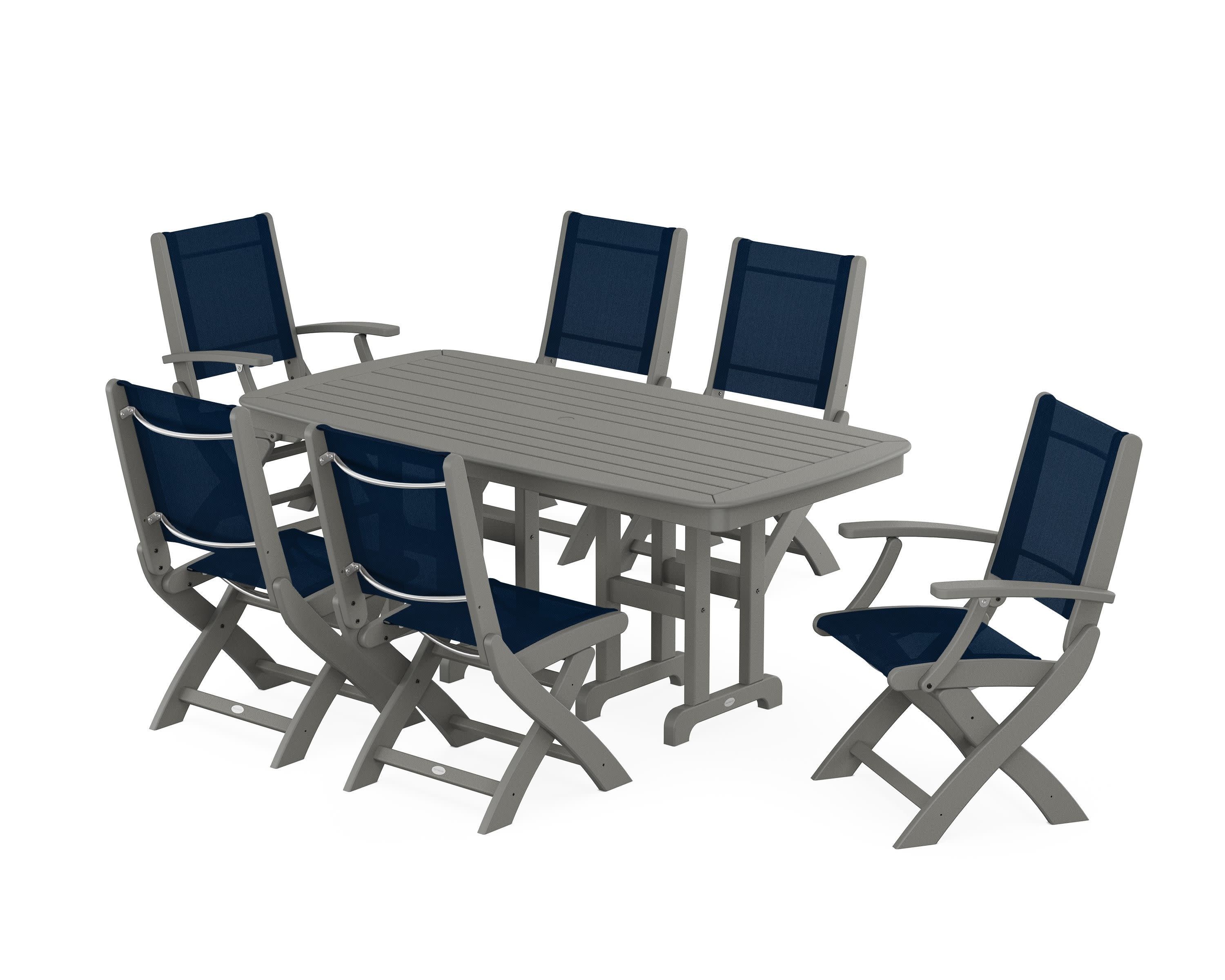 Coastal Folding Chair 7-Piece Dining Set in Slate Grey / Navy Blue Sling