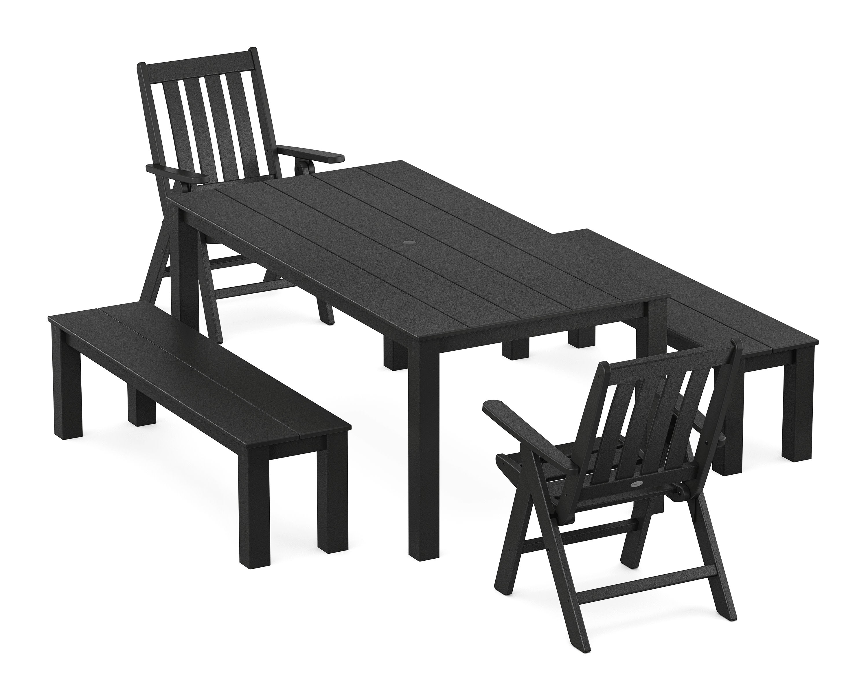Vineyard Folding Chair 5-Piece Parsons Dining Set with Benches in Black