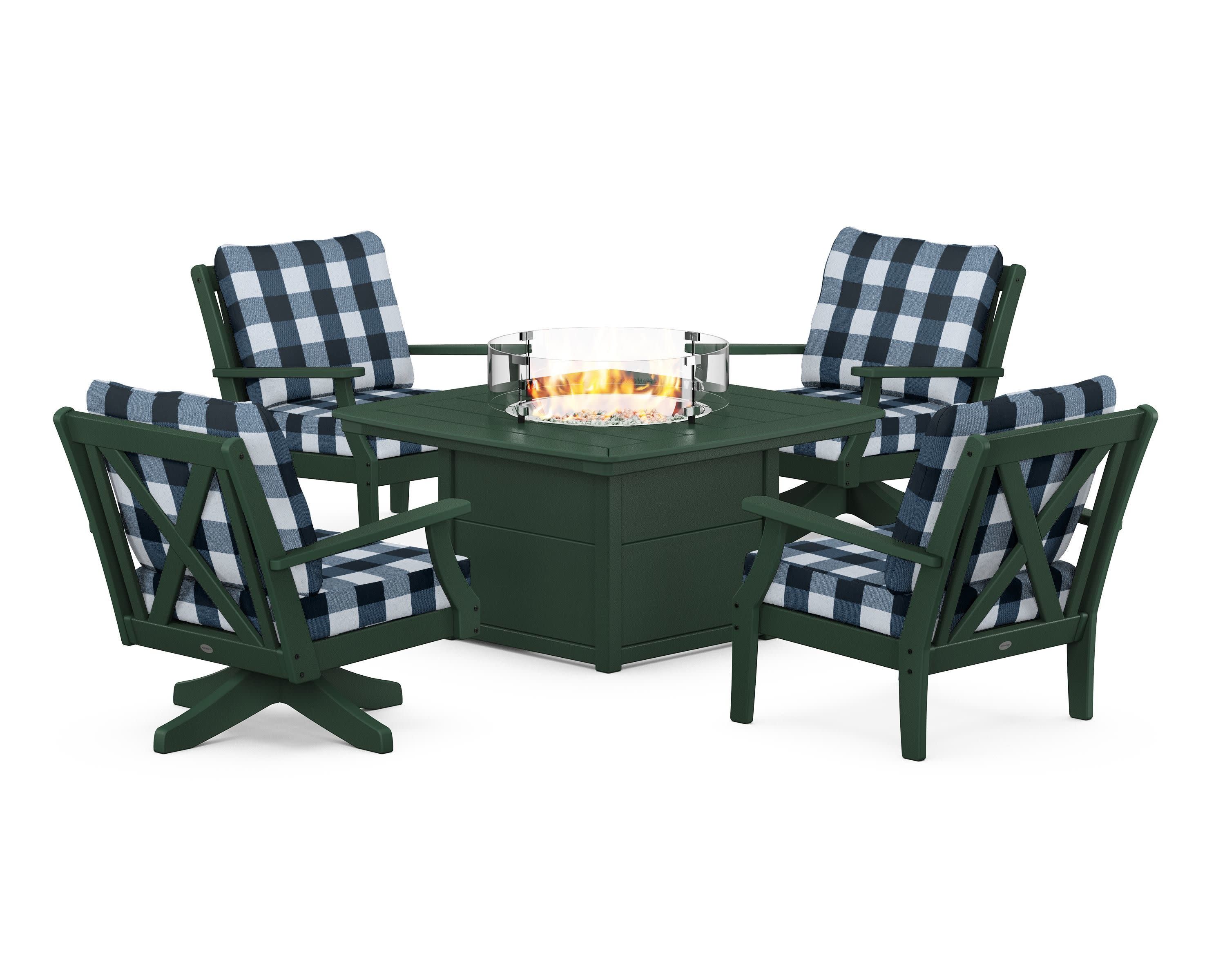 Braxton 5-Piece Deep Seating Set with Fire Table in Green / Buffalo Plaid Marine Indigo