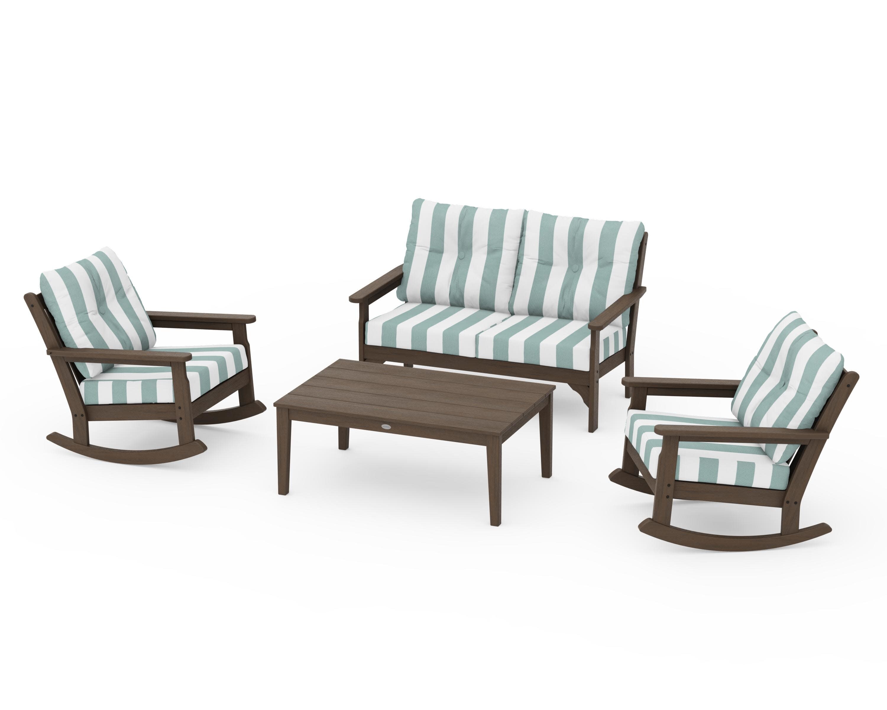 Vineyard 4-Piece Deep Seating Rocking Chair Set in Kona / Cabana Stripe Glacier Spa