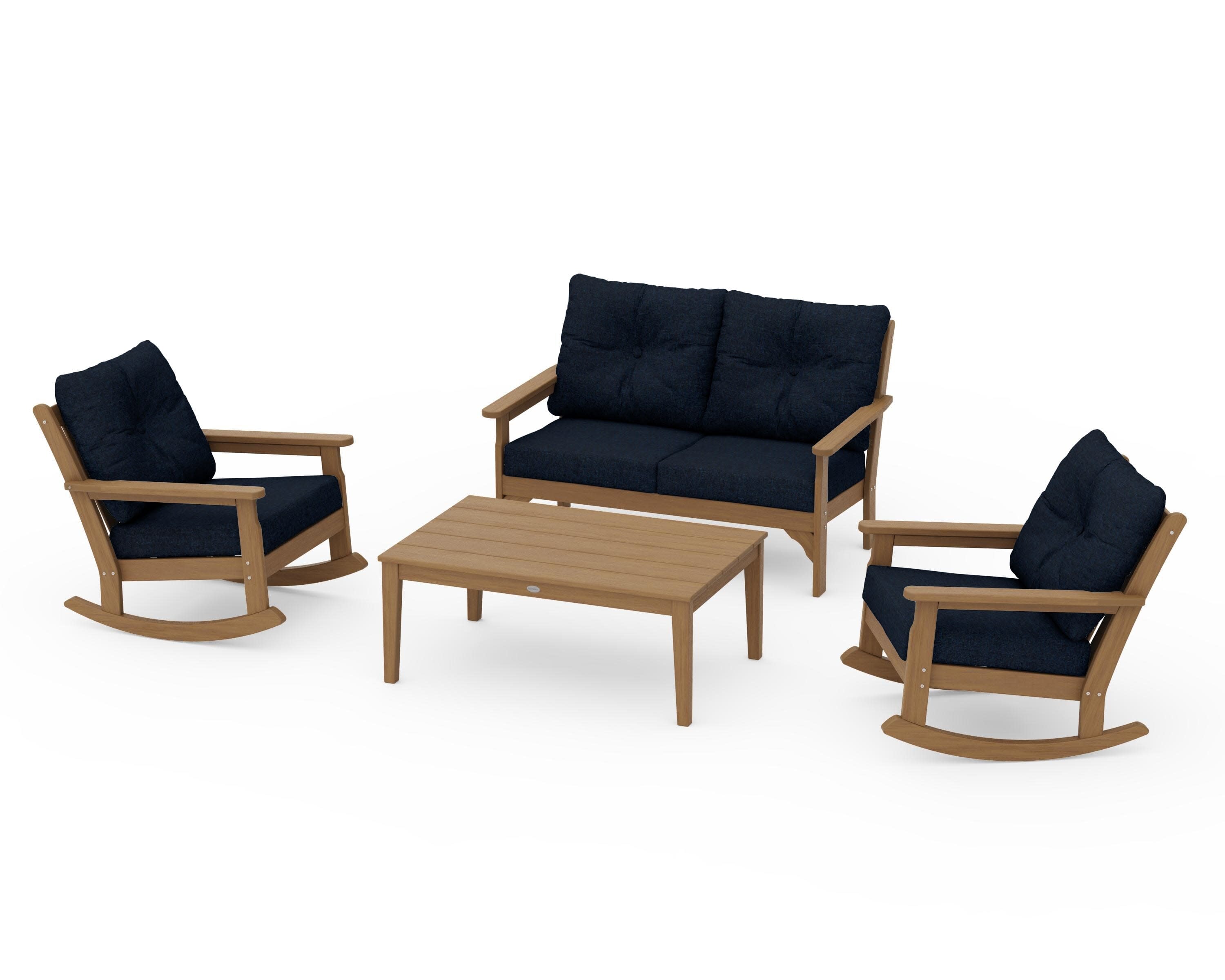 Vineyard 4-Piece Deep Seating Rocking Chair Set in Natural / Marine Indigo