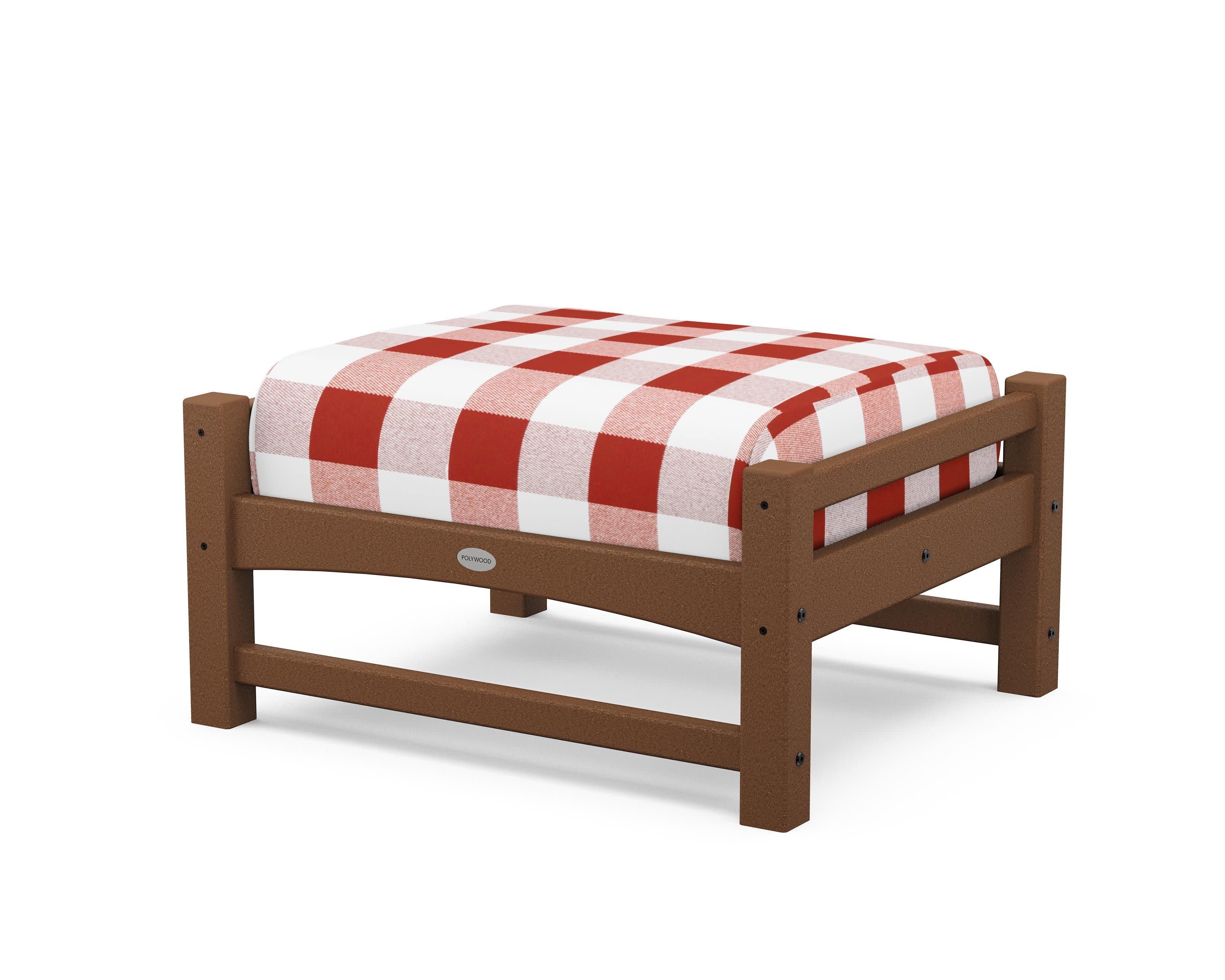 Club Ottoman in Teak / Buffalo Plaid Crimson