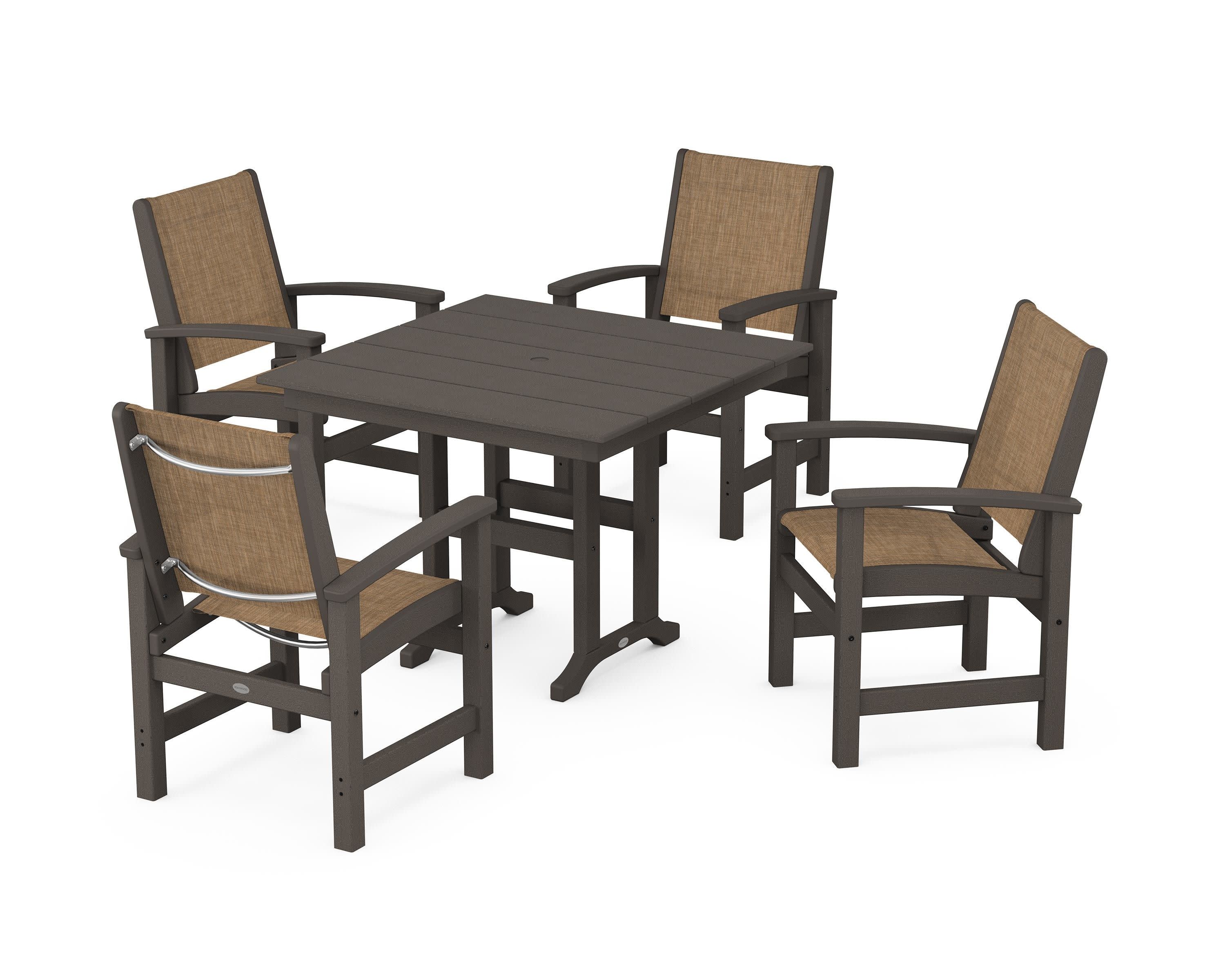 Coastal 5-Piece Farmhouse Dining Set in Vintage Coffee / Burlap Sling
