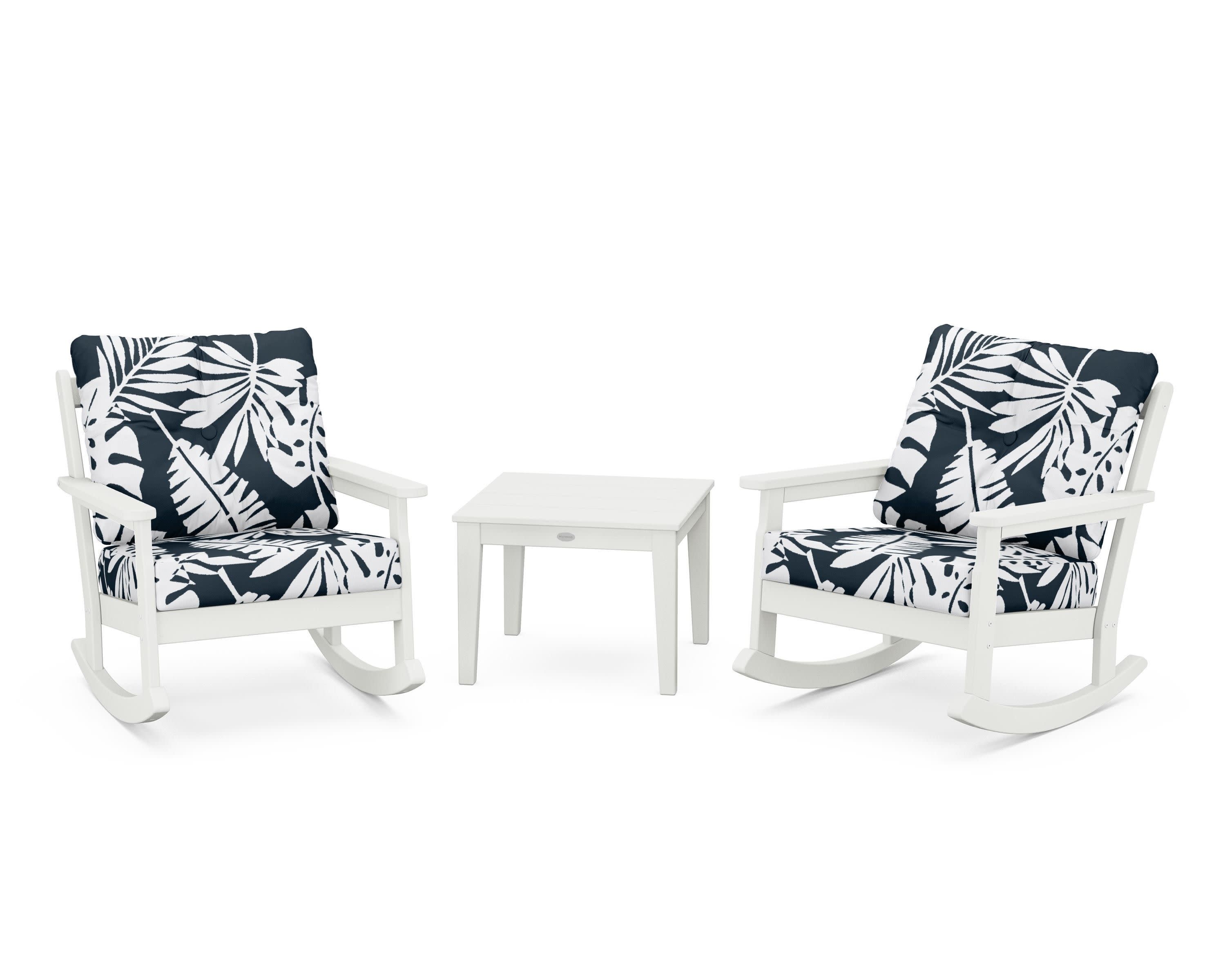 Vineyard 3-Piece Deep Seating Rocker Set in Vintage White / Leaf Marine Indigo