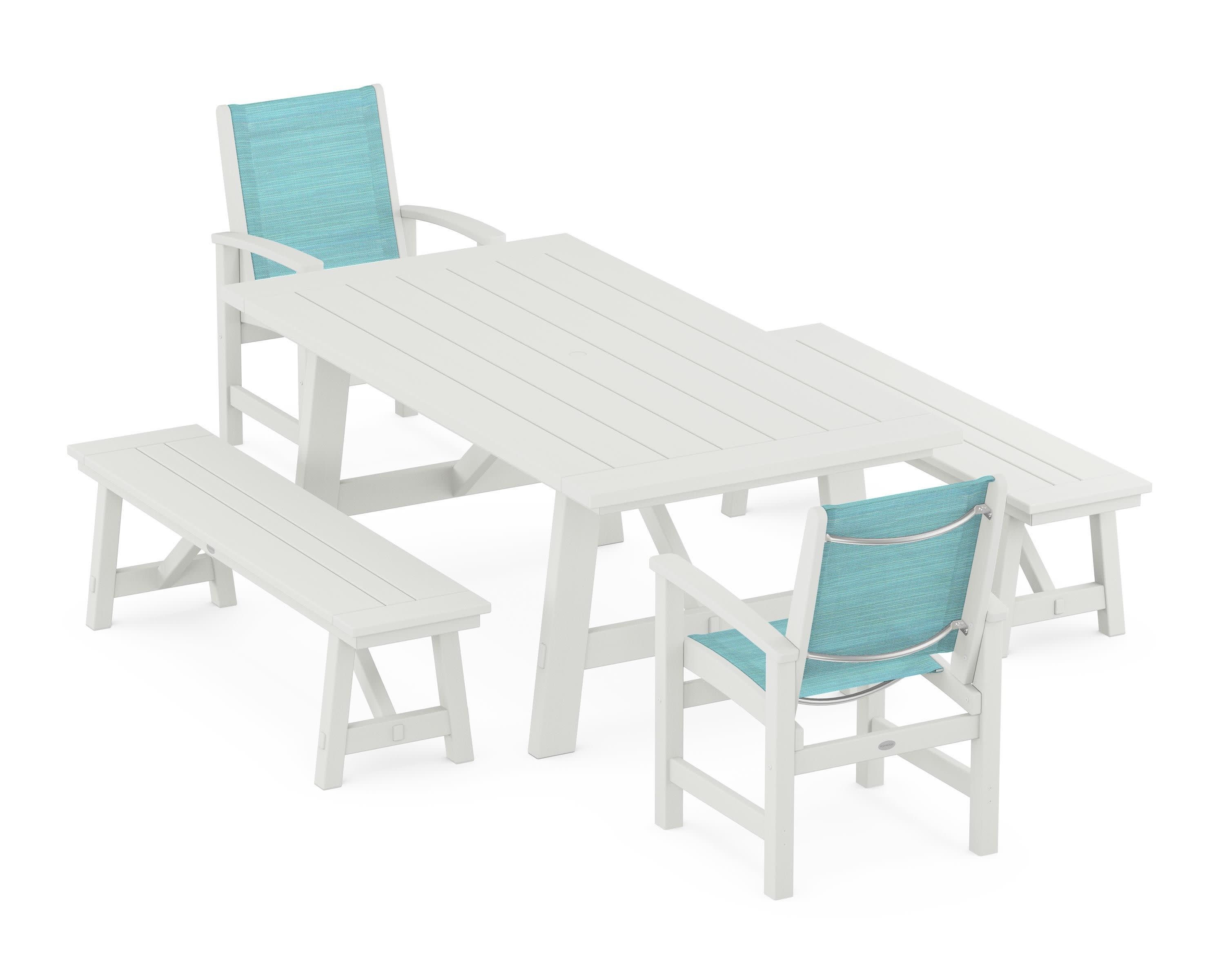 Coastal 5-Piece Rustic Farmhouse Dining Set With Benches in Vintage White / Dupioni Aquamarine Sling