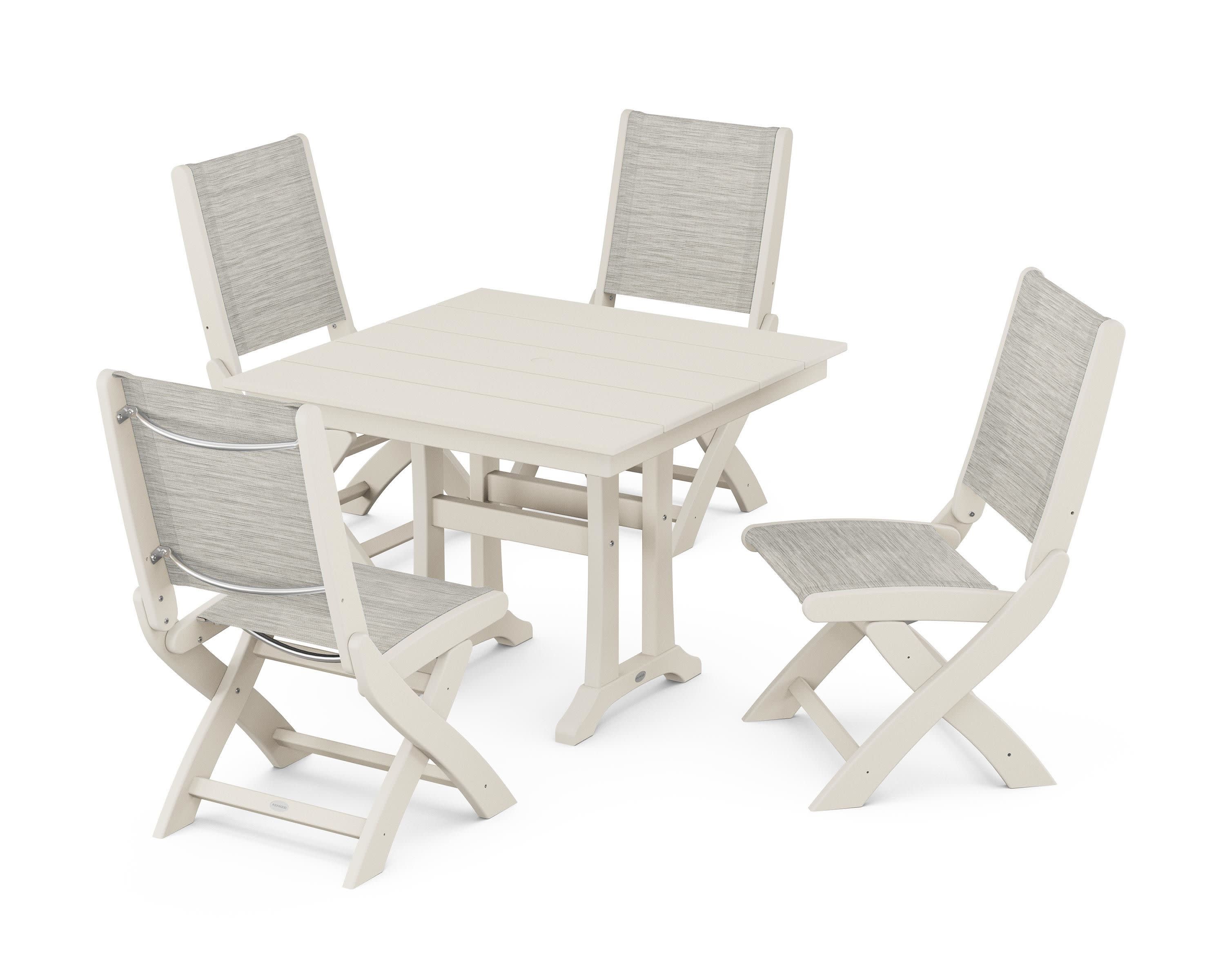 Coastal Folding Side Chair 5-Piece Farmhouse Dining Set With Trestle Legs in Sand / Birch Sling