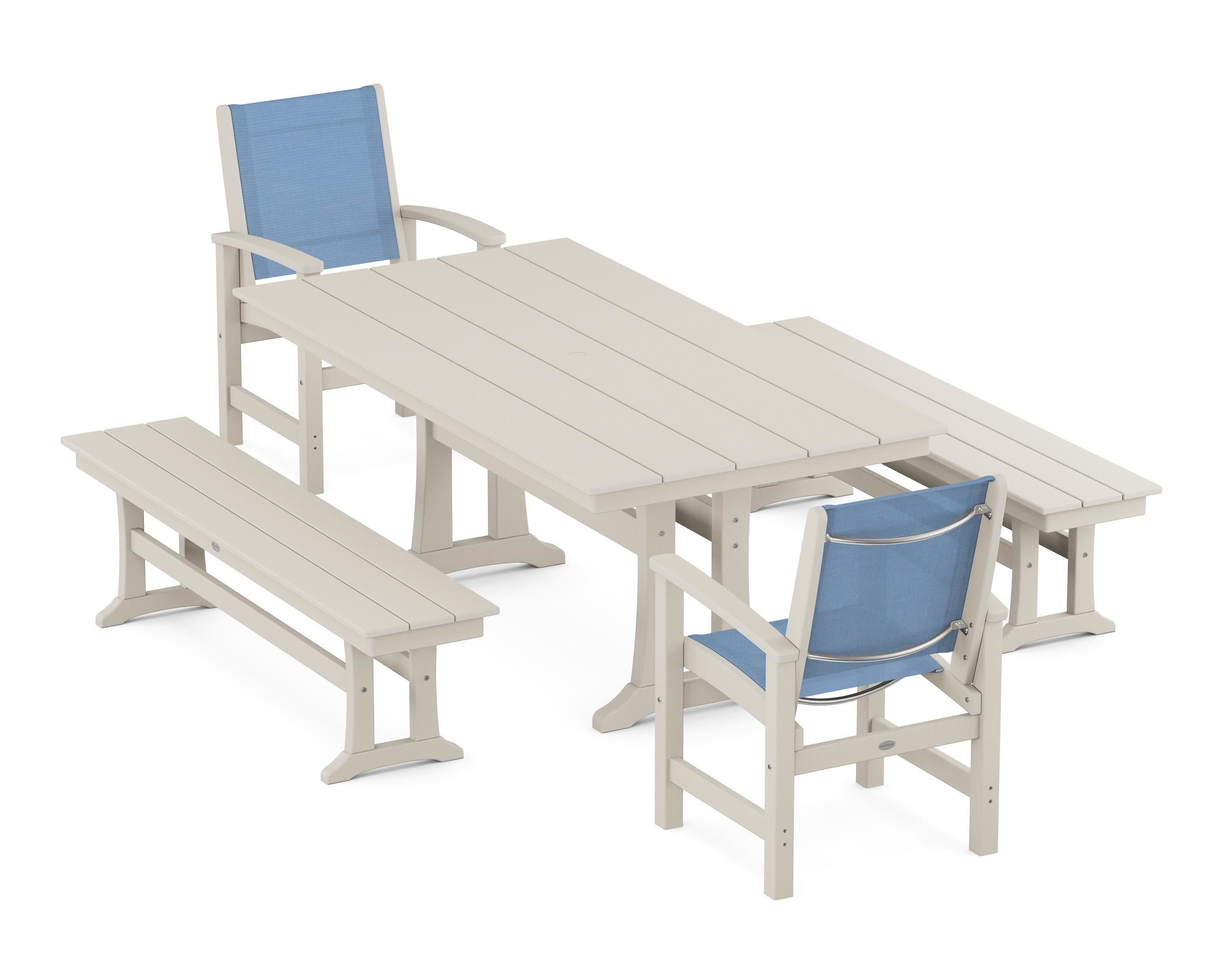 Coastal 5-Piece Farmhouse Dining Set with Trestle Legs and Benches in Sand / Poolside Sling