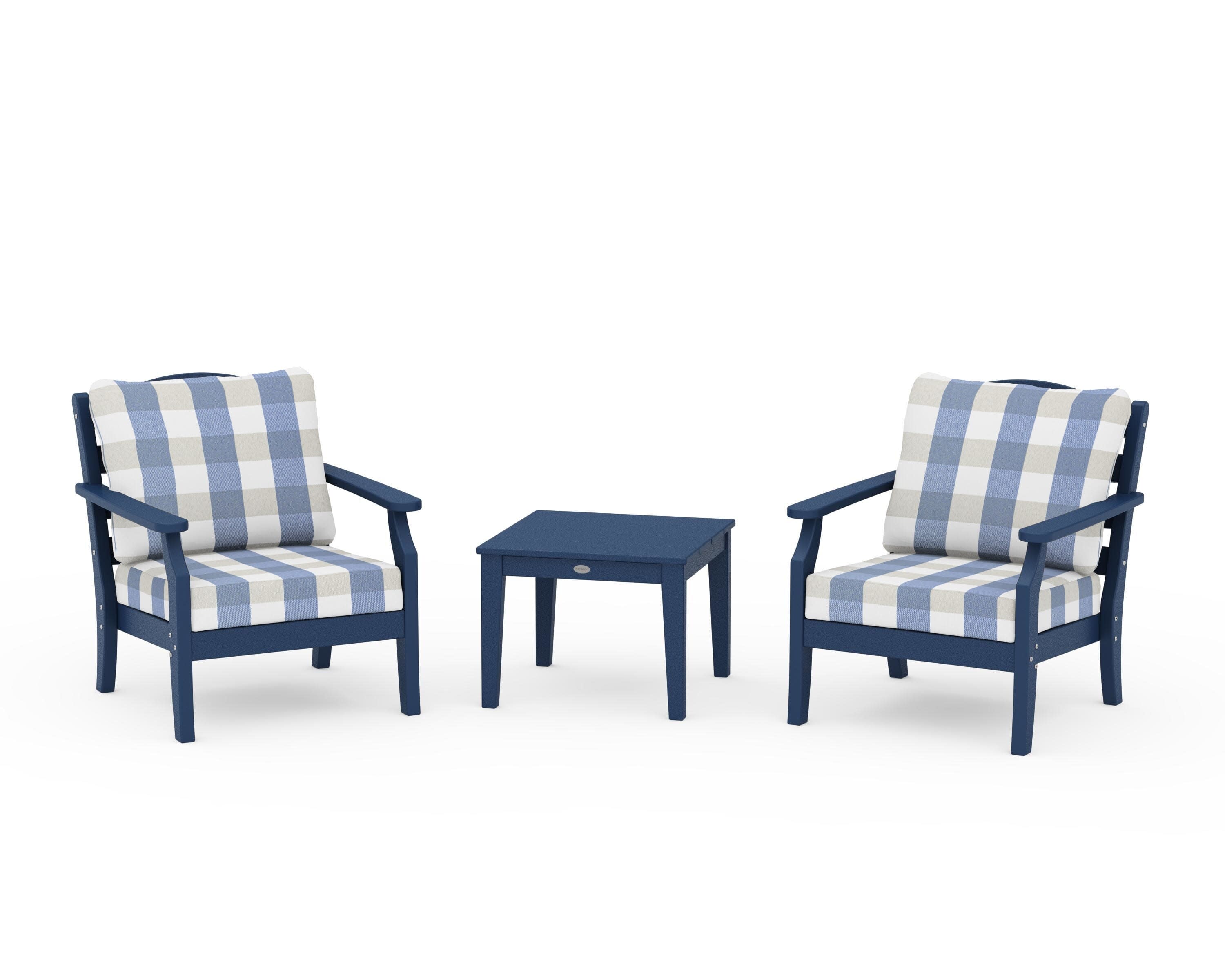 Savannah 3-Piece Deep Seating Set in Navy / Buffalo Plaid Sky Blue