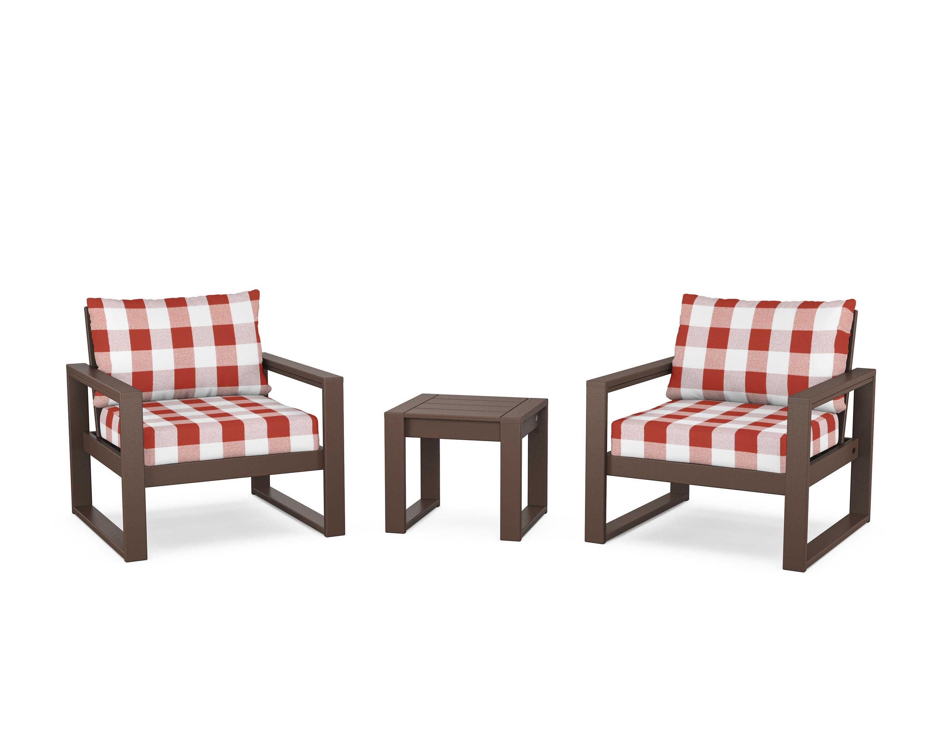 EDGE Sectional 3-Piece Deep Seating Set in Mahogany / Buffalo Plaid Crimson